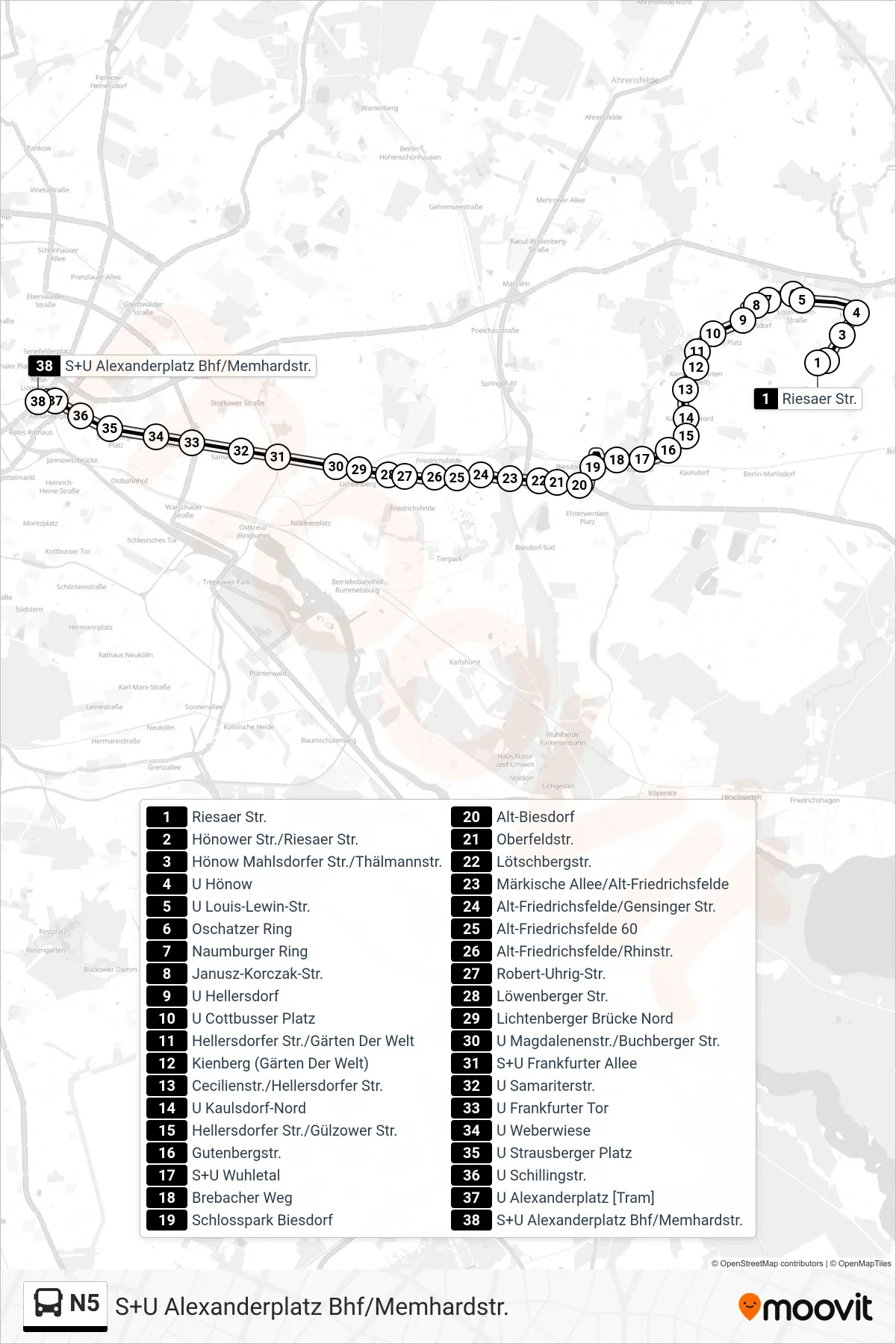 Linie N5 (Bus) Richtung S+U Alexanderplatz Bhf/Memhardstr.: Route und Haltestellen auf der Karte