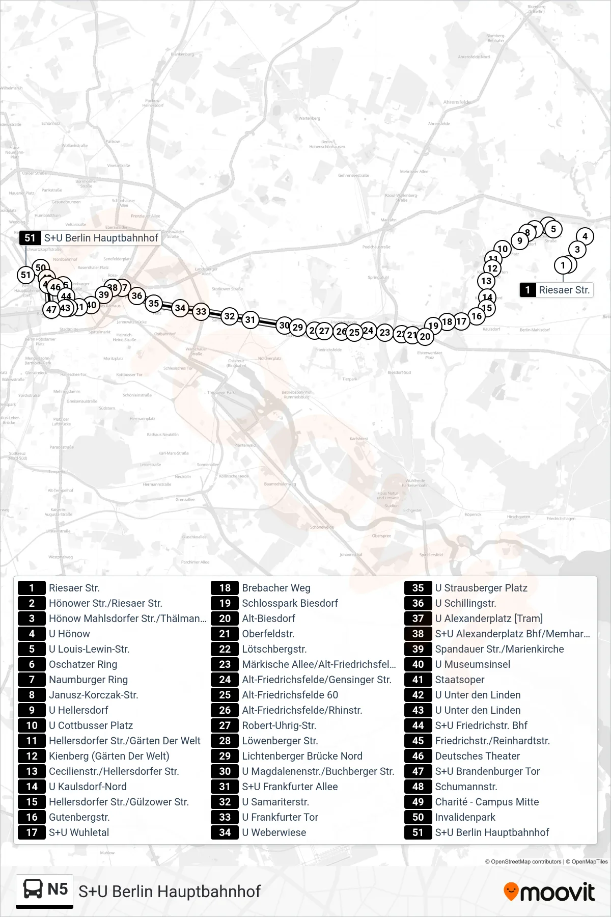 Linie N5 (Bus) Richtung S+U Berlin Hauptbahnhof: Route und Haltestellen auf der Karte