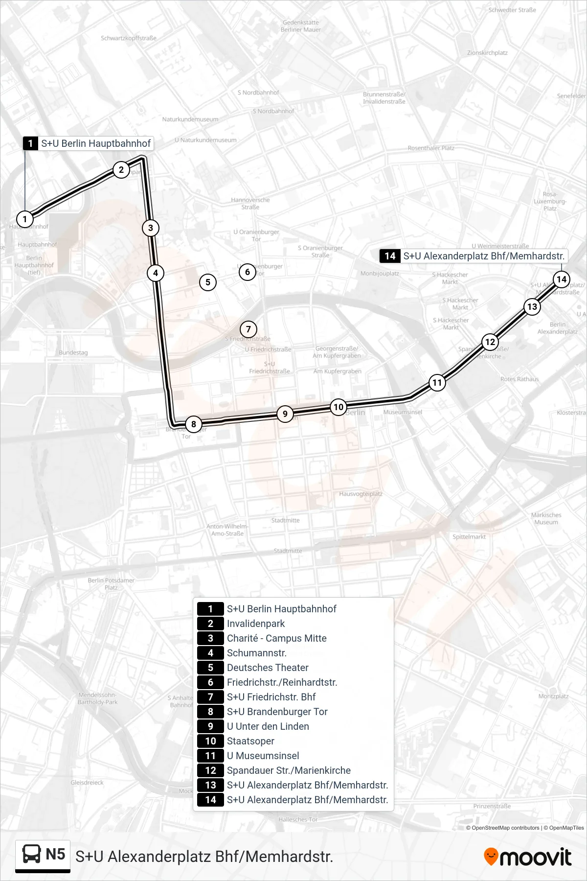 Linie N5 (Bus) Richtung S+U Alexanderplatz Bhf/Memhardstr.: Route und Haltestellen auf der Karte