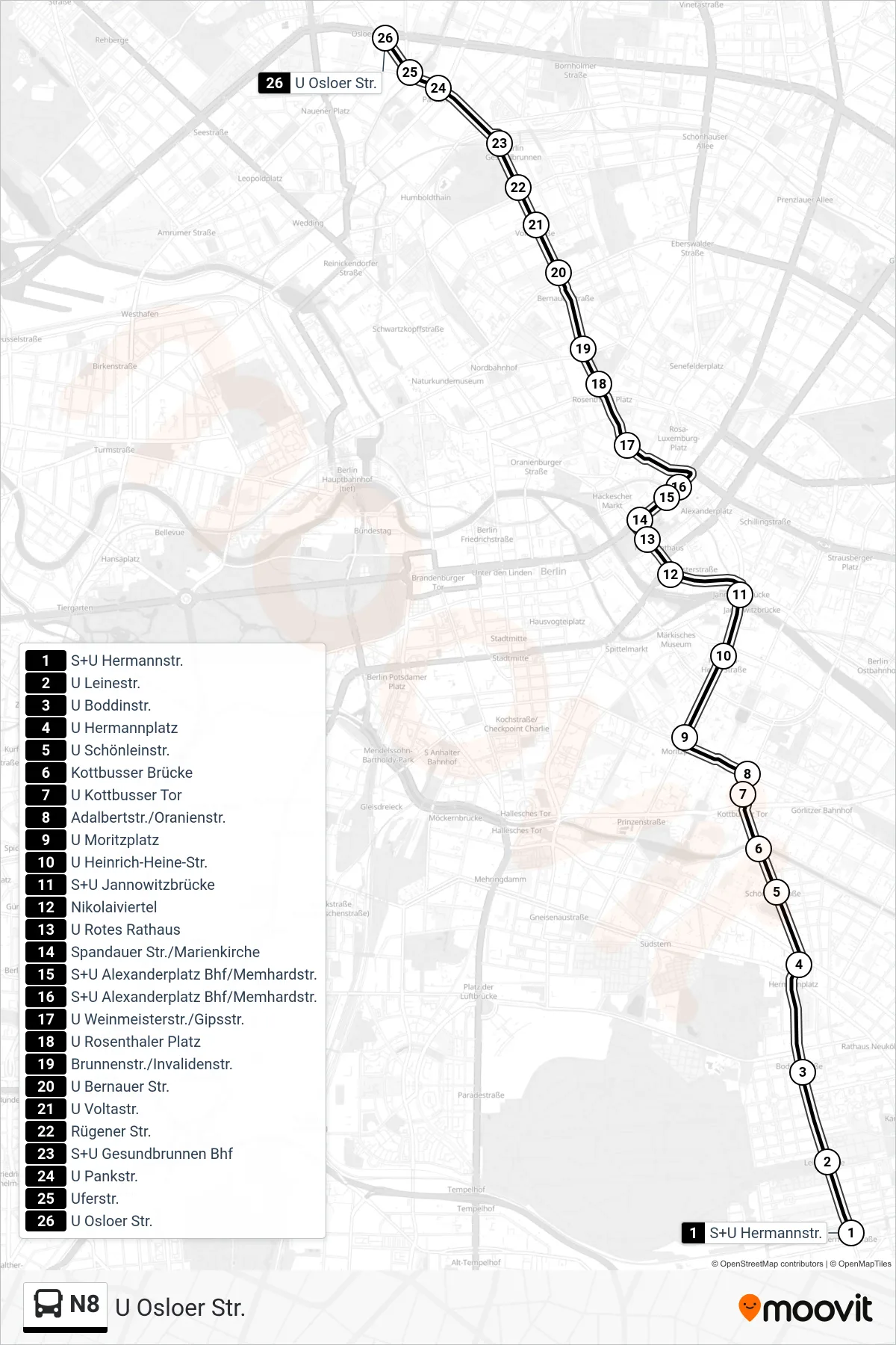 Linie N8 (Bus) Richtung U Osloer Str.: Route und Haltestellen auf der Karte