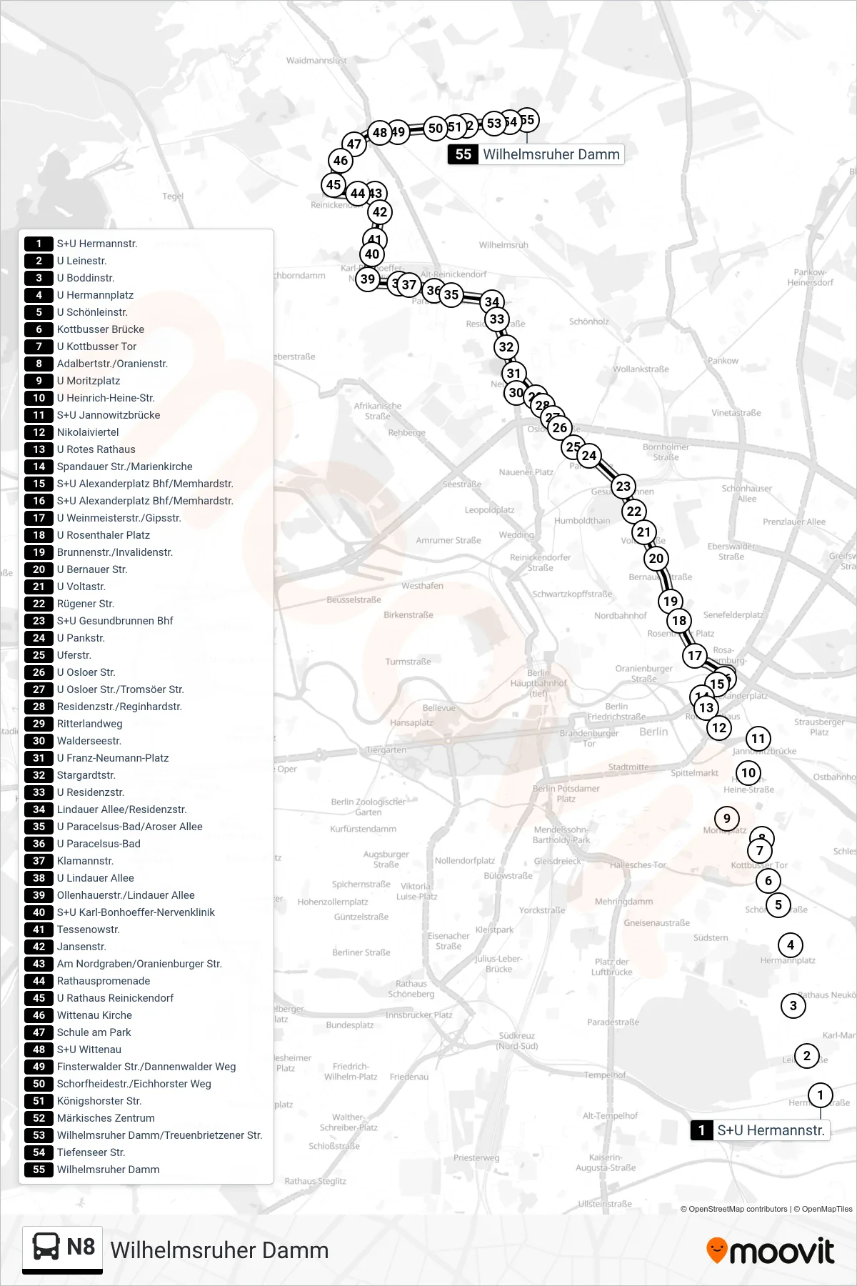 Linie N8 (Bus) Richtung Wilhelmsruher Damm: Route und Haltestellen auf der Karte