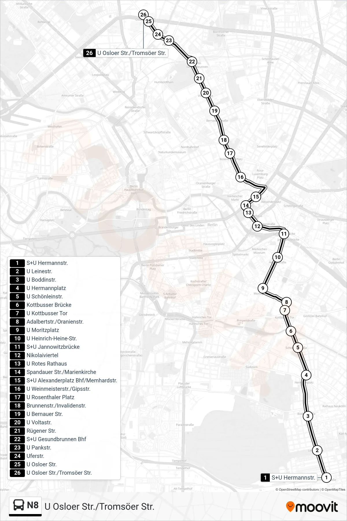 Linie N8 (Bus) Richtung U Osloer Str./Tromsöer Str.: Route und Haltestellen auf der Karte
