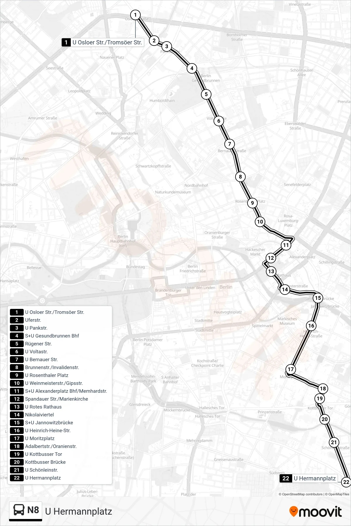Linie N8 (Bus) Richtung U Hermannplatz: Route und Haltestellen auf der Karte