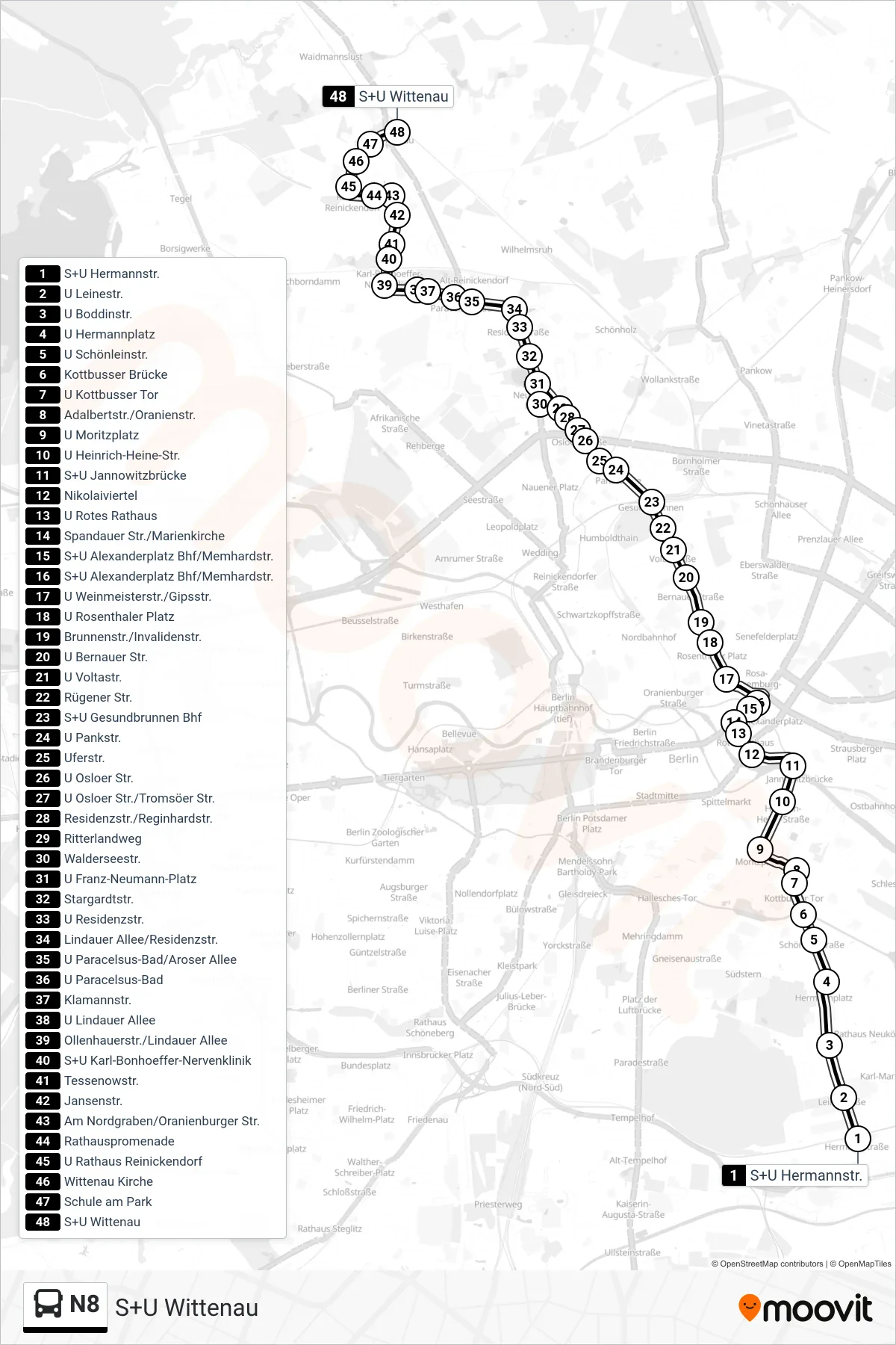 Linie N8 (Bus) Richtung S+U Wittenau: Route und Haltestellen auf der Karte