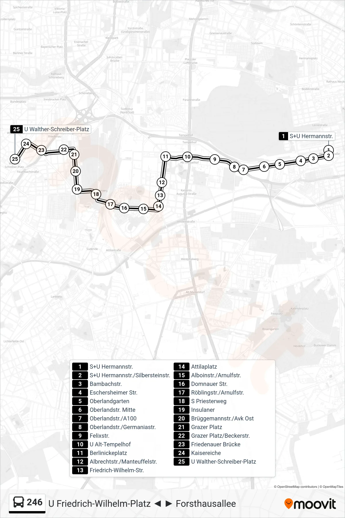 Linie 246 (Bus) Richtung U Walther-Schreiber-Platz: Route und Haltestellen auf der Karte