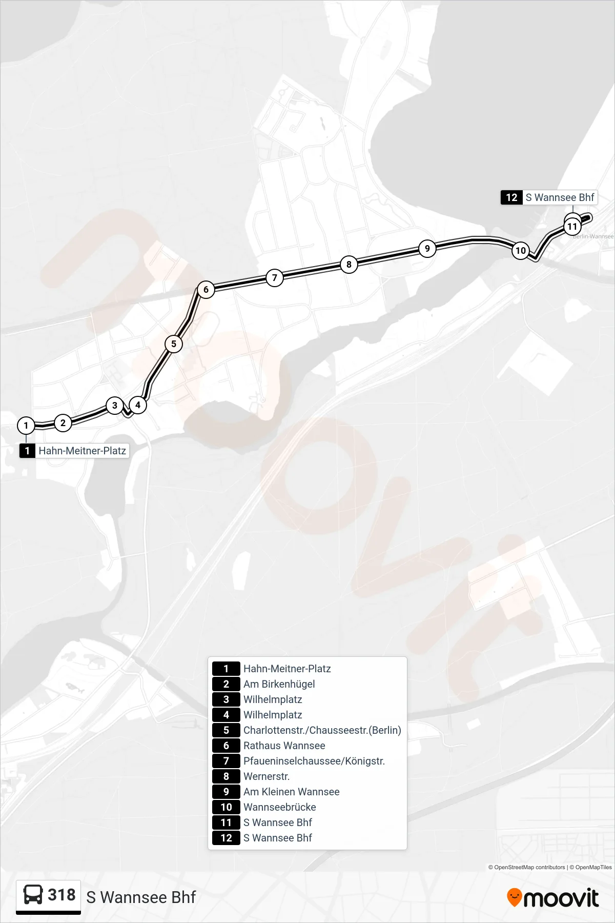 318 bus Line (S Wannsee Bhf) route and stops on a map