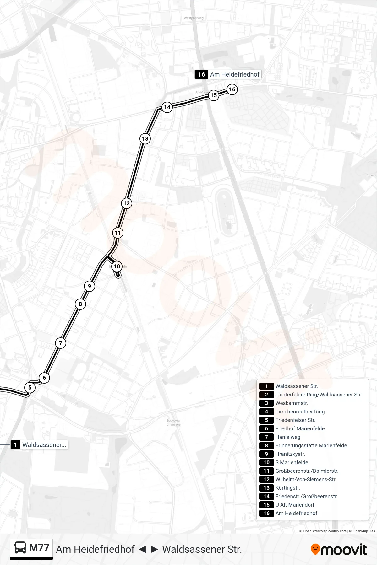 Linie M77 (Bus) Richtung Am Heidefriedhof: Route und Haltestellen auf der Karte
