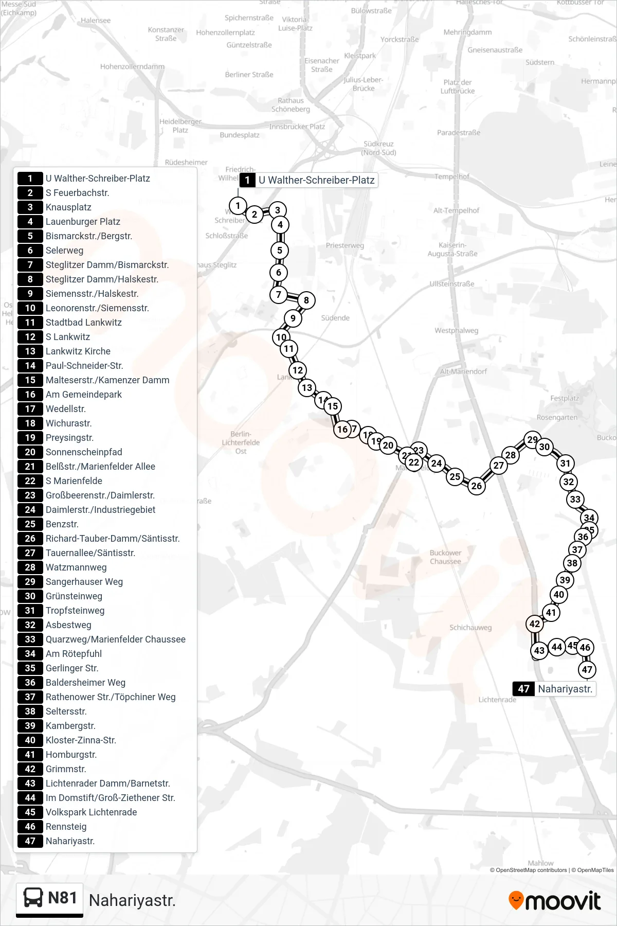 N81 bus Line (Nahariyastr.) route and stops on a map
