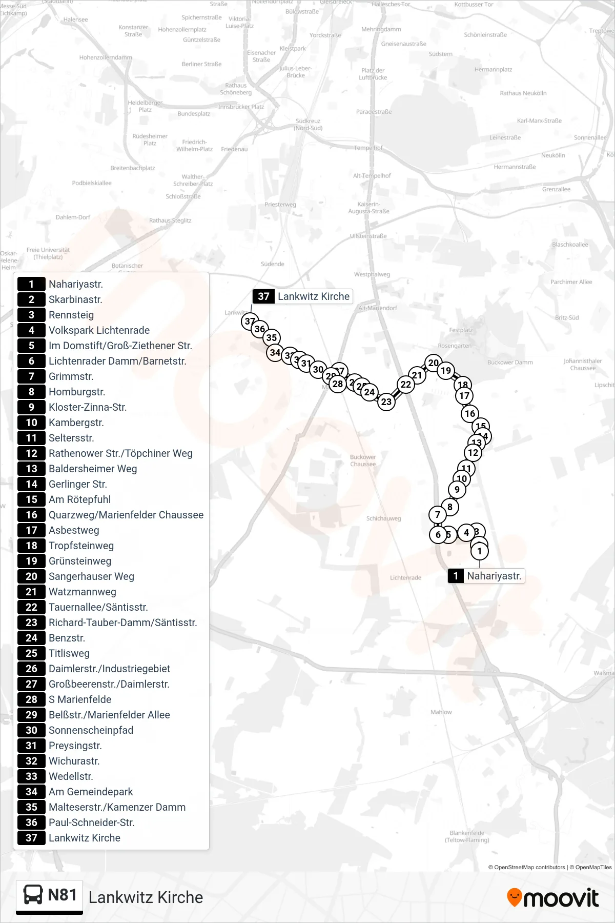 N81 bus Line (Lankwitz Kirche) route and stops on a map