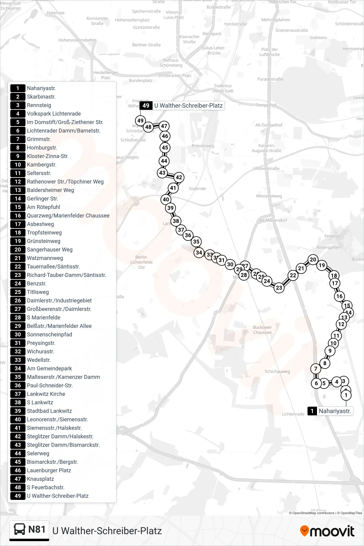 Linie N81 (Bus) Richtung U Walther-Schreiber-Platz: Route und Haltestellen auf der Karte