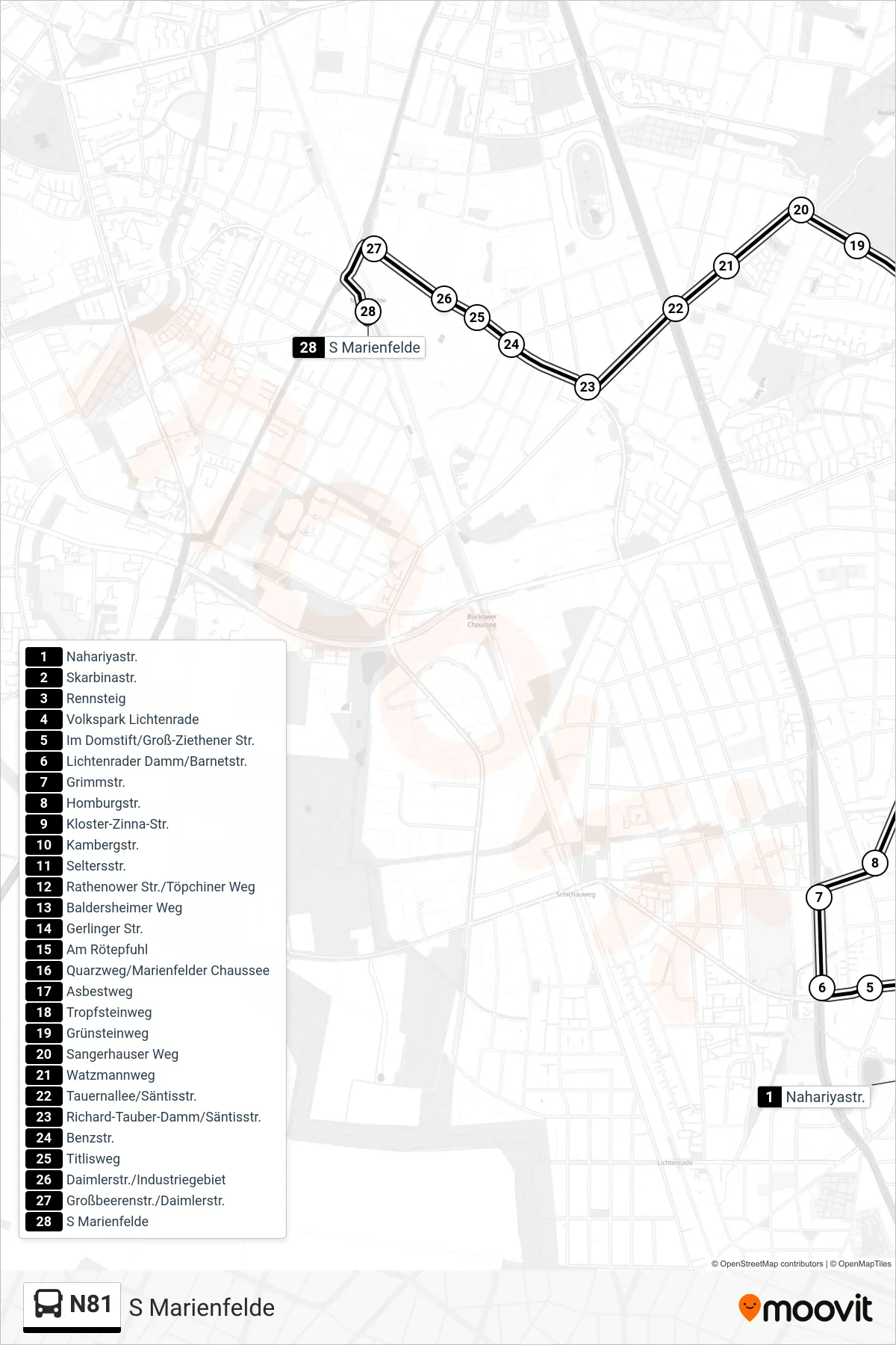 N81 bus Line (S Marienfelde) route and stops on a map
