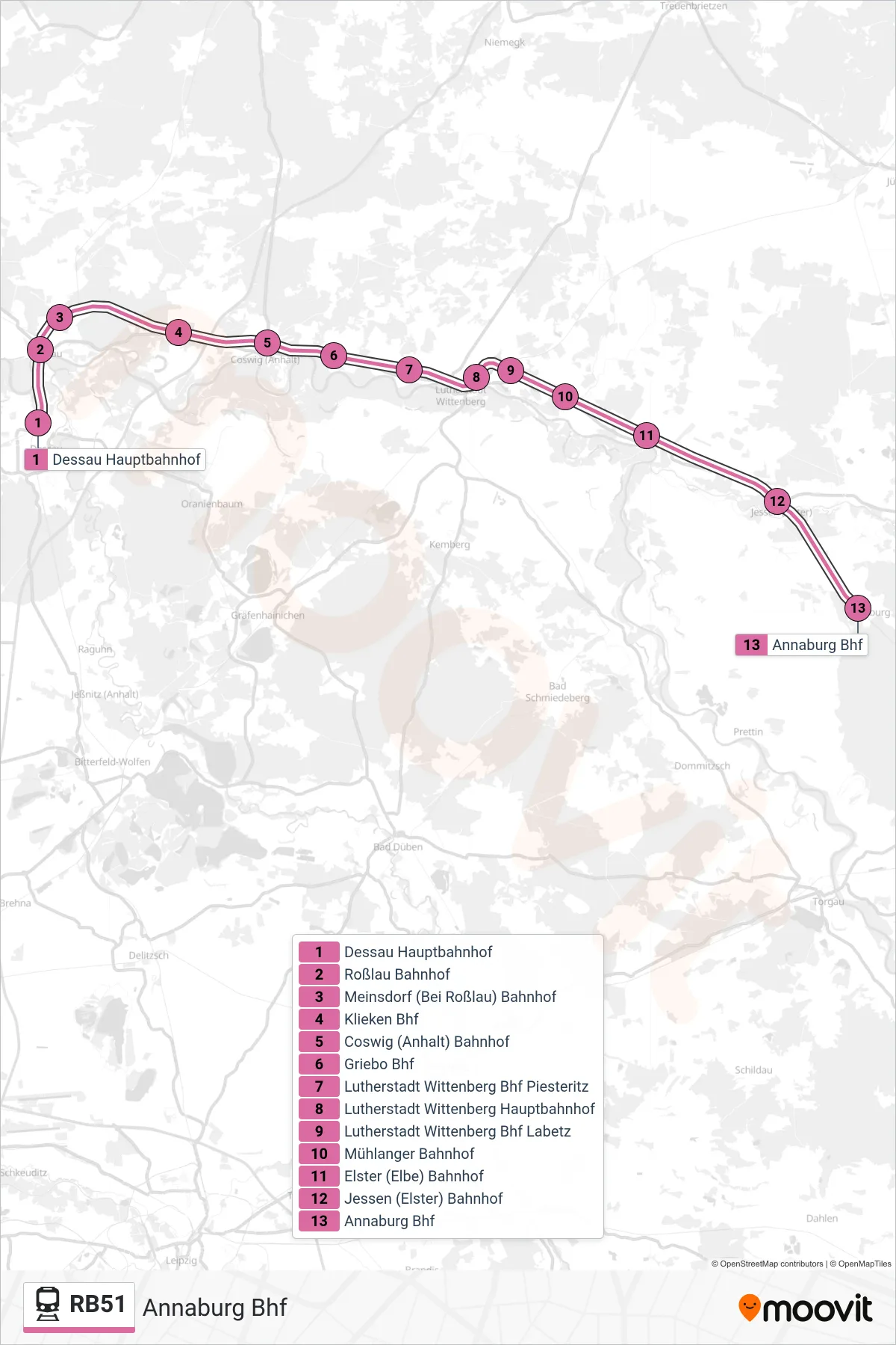 Linie RB51 (Bahn) Richtung Annaburg Bhf: Route und Haltestellen auf der Karte