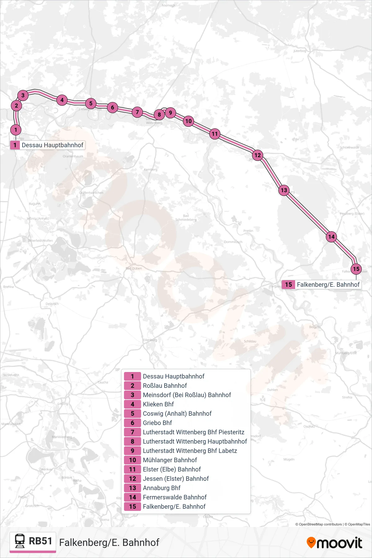 Linie RB51 (Bahn) Richtung Falkenberg/E. Bahnhof: Route und Haltestellen auf der Karte