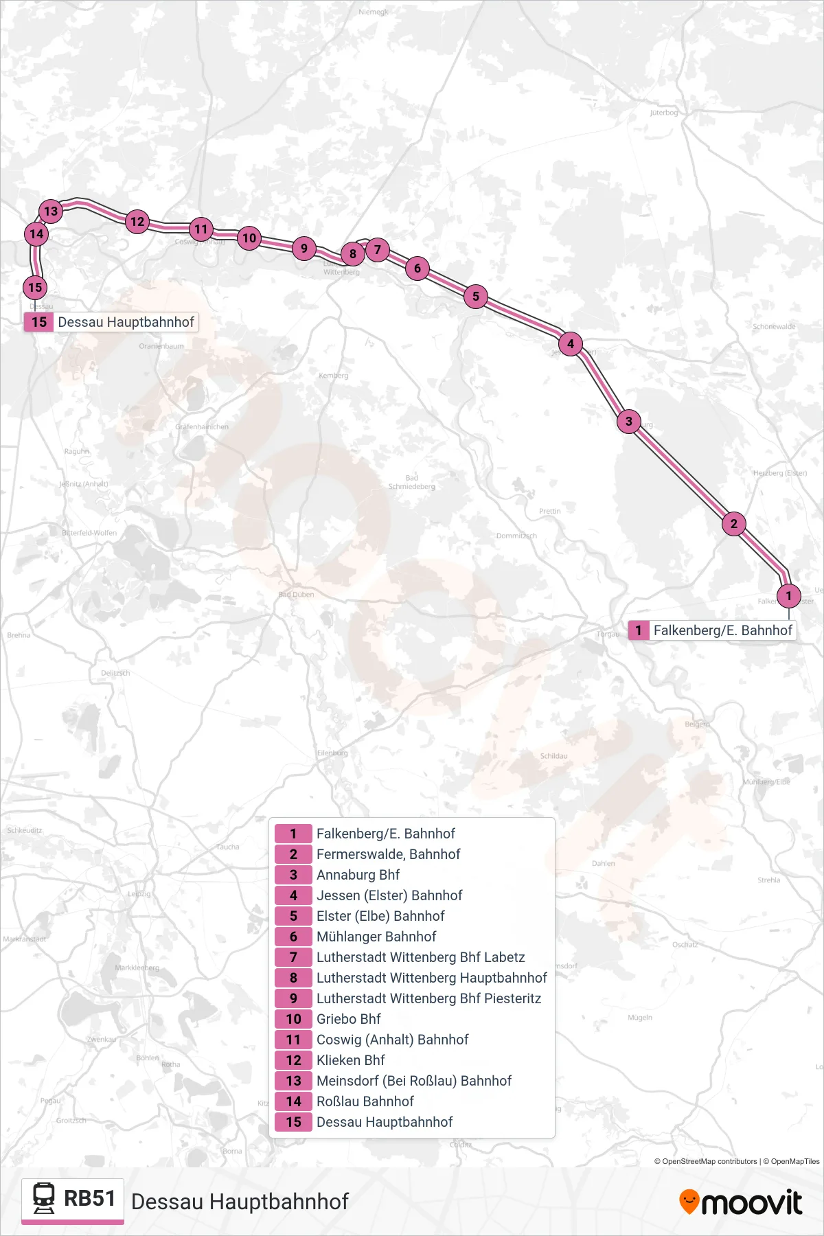 Linie RB51 (Bahn) Richtung Dessau Hauptbahnhof: Route und Haltestellen auf der Karte