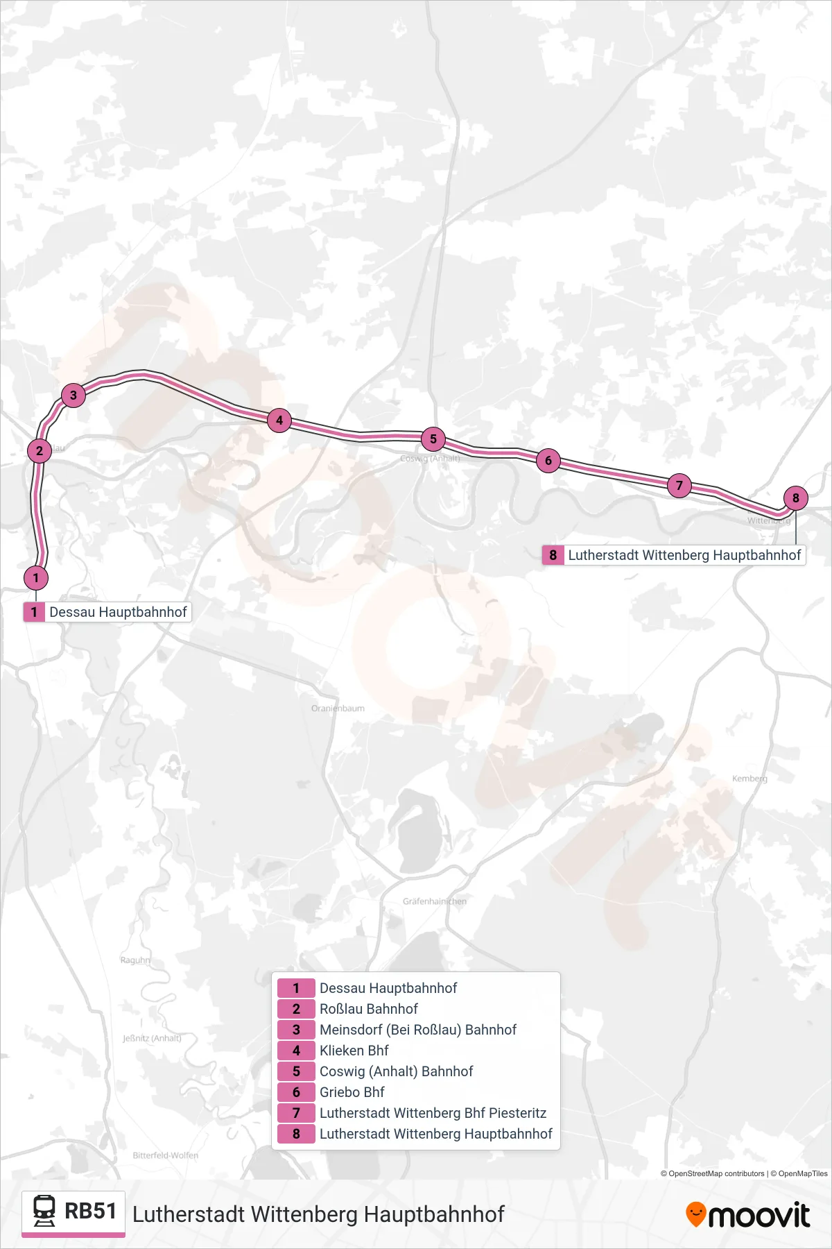 Linie RB51 (Bahn) Richtung Lutherstadt Wittenberg Hauptbahnhof: Route und Haltestellen auf der Karte