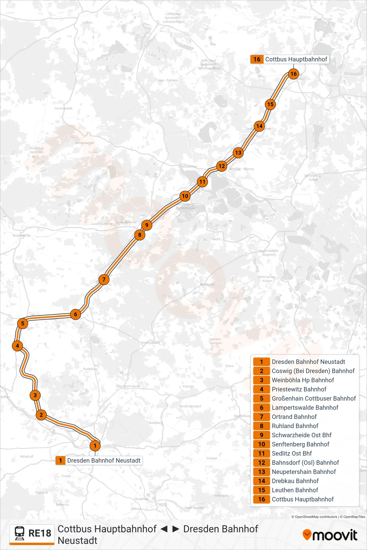 Linie RE18 (Bahn) Richtung Cottbus Hauptbahnhof: Route und Haltestellen auf der Karte