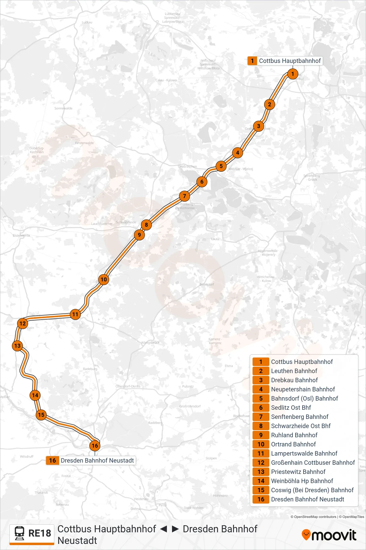 Linie RE18 (Bahn) Richtung Dresden Bahnhof Neustadt: Route und Haltestellen auf der Karte