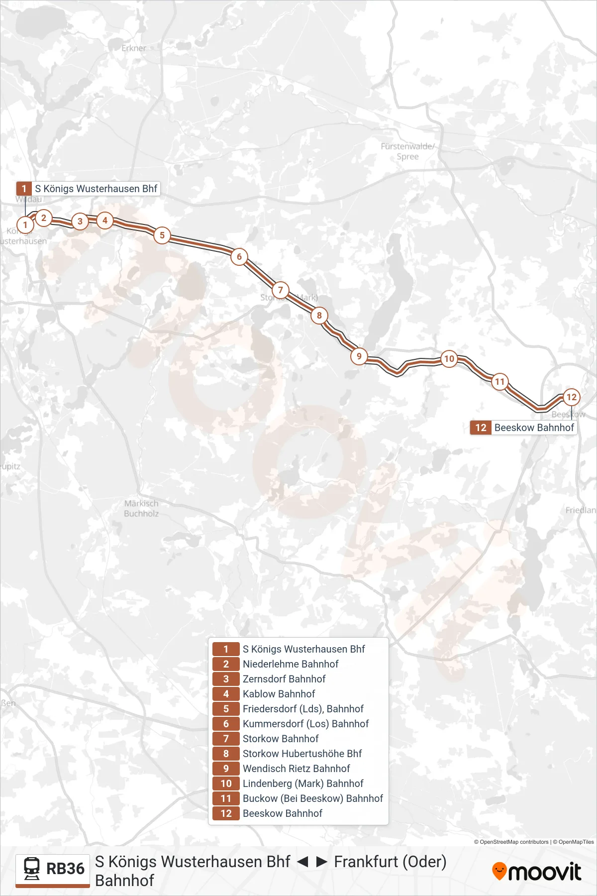 Linie RB36 (Bahn) Richtung Beeskow Bahnhof: Route und Haltestellen auf der Karte