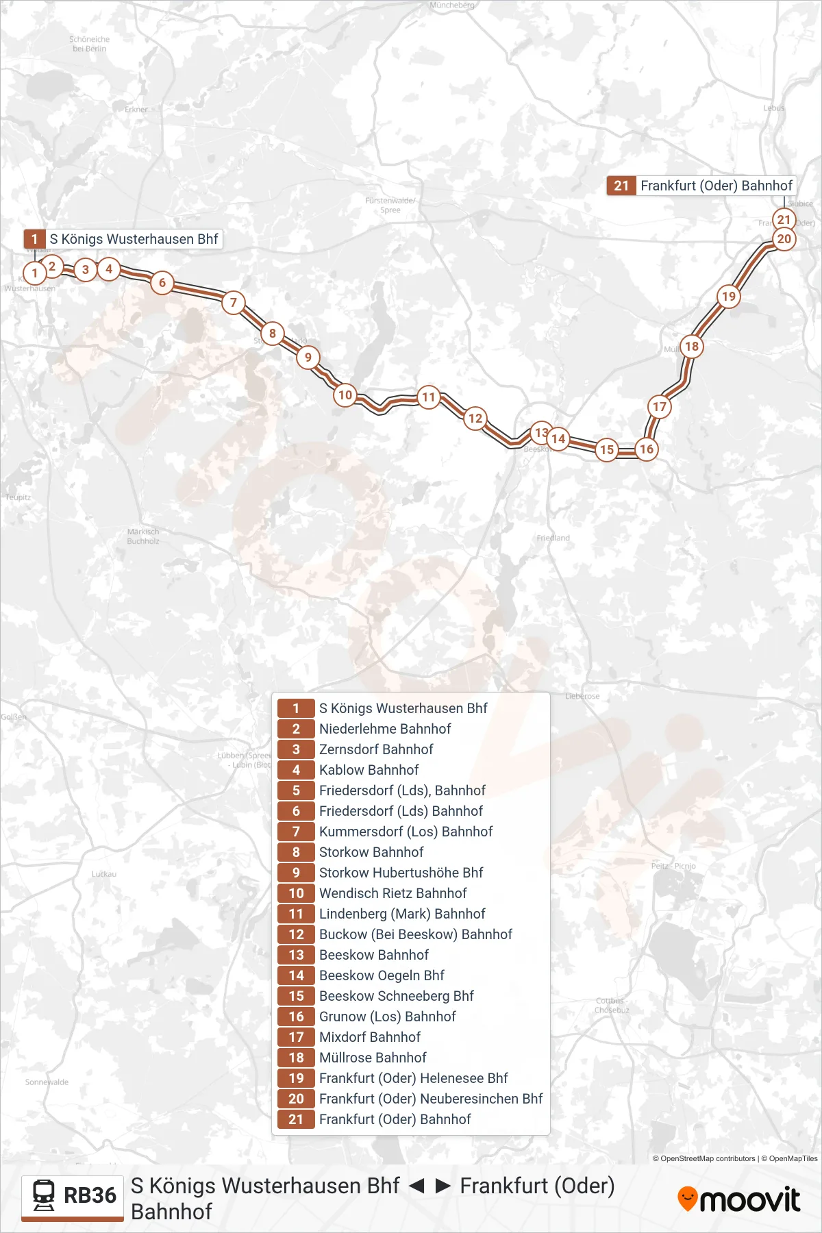 Linie RB36 (Bahn) Richtung Frankfurt (Oder) Bahnhof: Route und Haltestellen auf der Karte