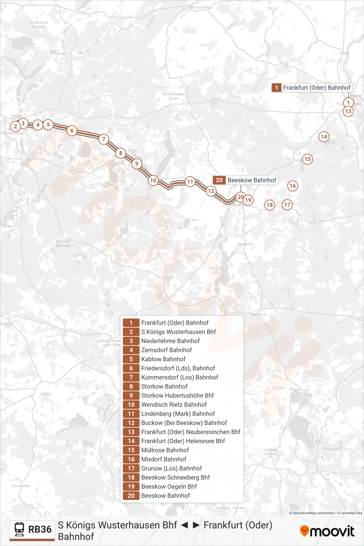 Linie RB36 (Bahn) Richtung Beeskow Bahnhof: Route und Haltestellen auf der Karte