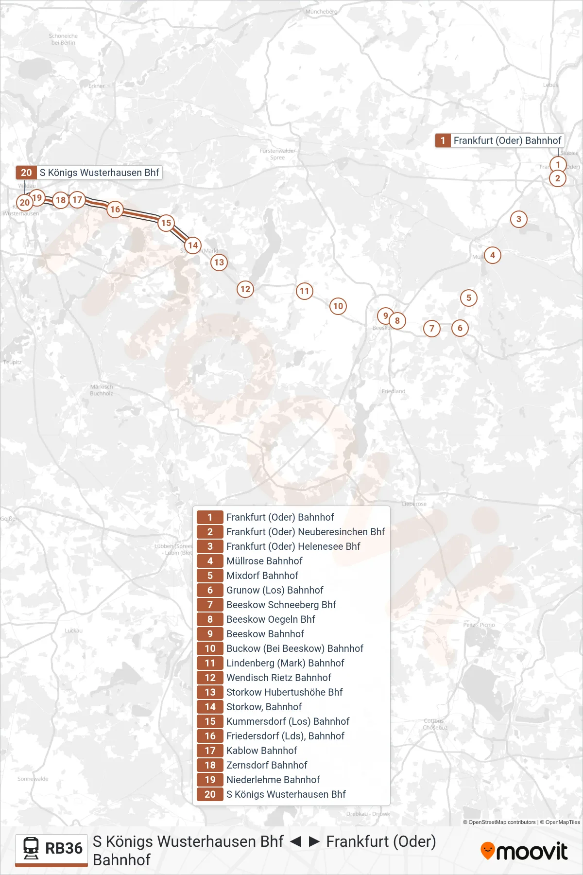 Linie RB36 (Bahn) Richtung S Königs Wusterhausen Bhf: Route und Haltestellen auf der Karte