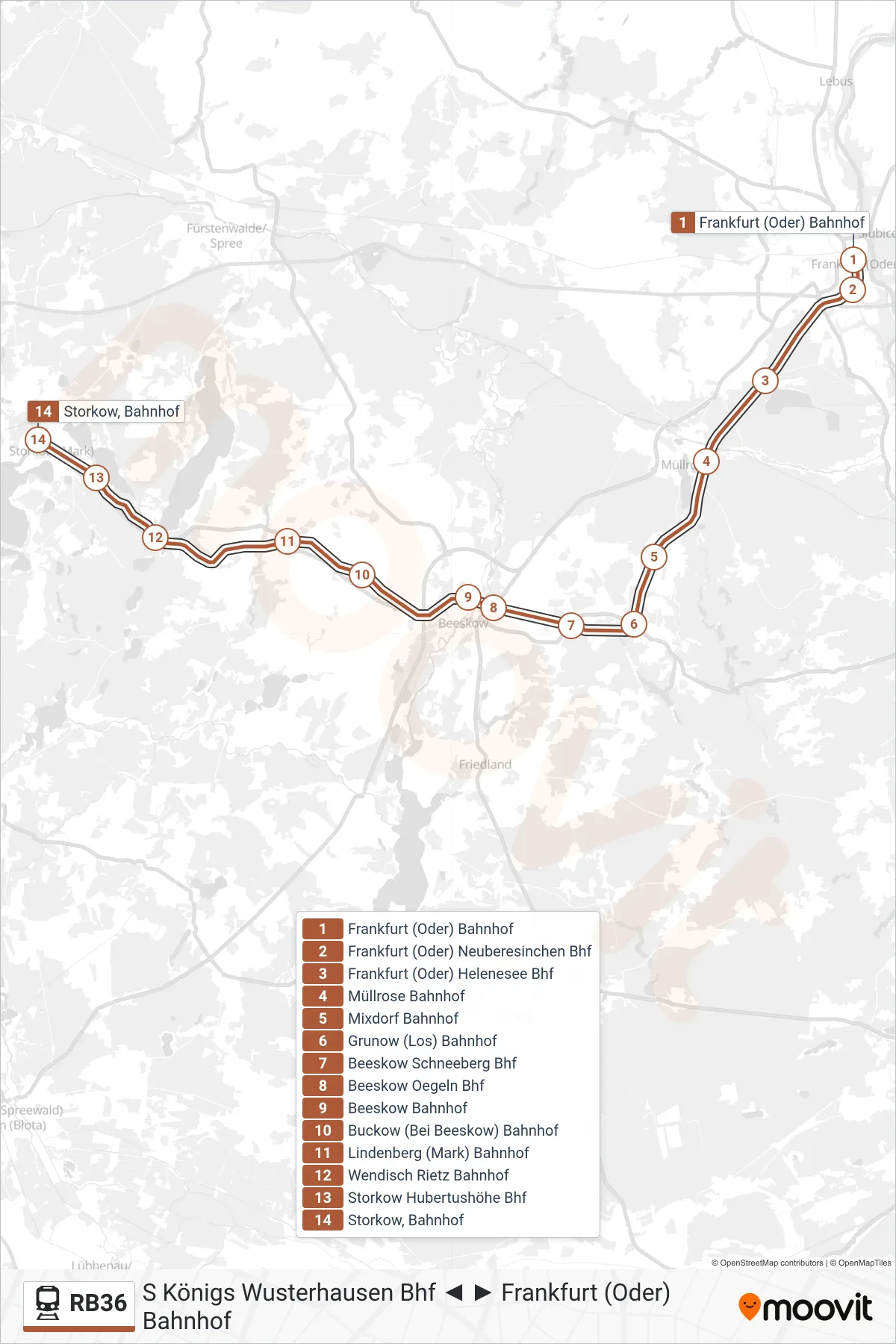 Linie RB36 (Bahn) Richtung Storkow Bahnhof: Route und Haltestellen auf der Karte