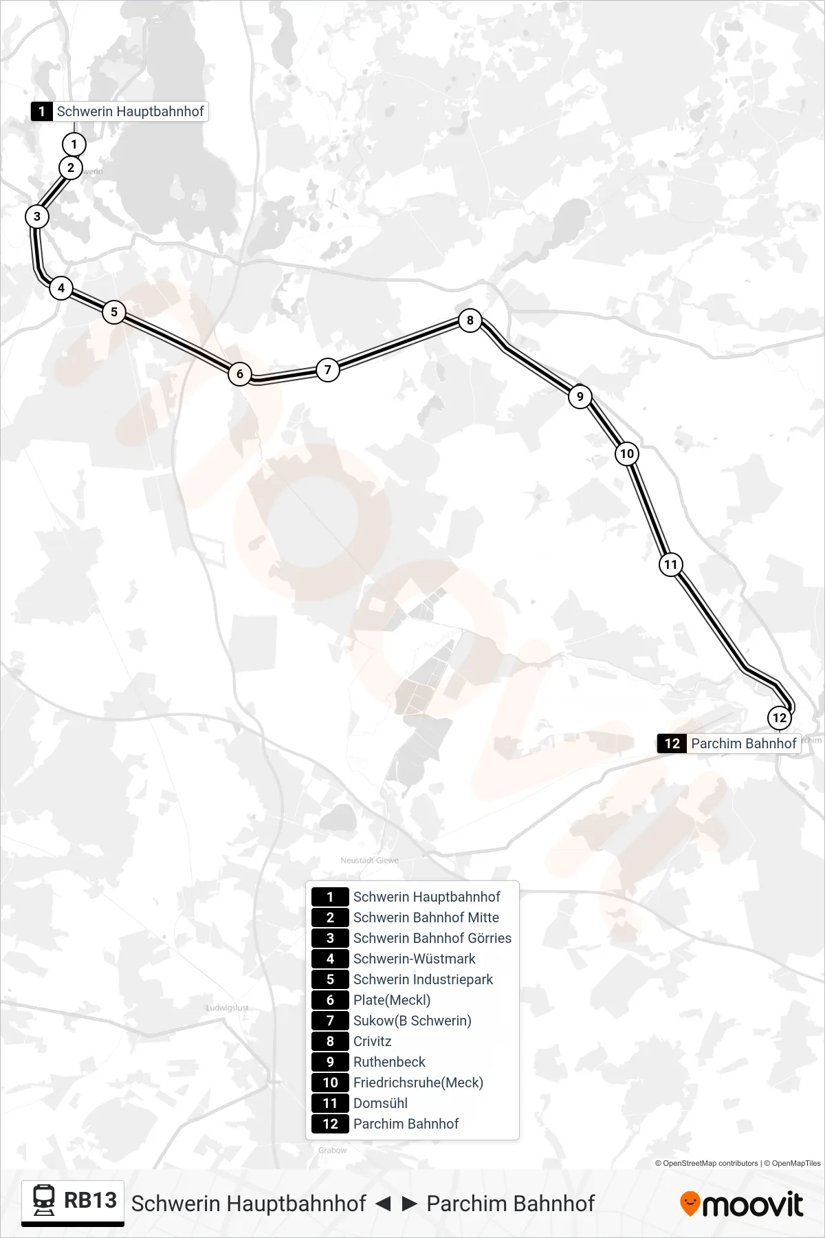 Linie RB13 (Bahn) Richtung Parchim Bahnhof: Route und Haltestellen auf der Karte