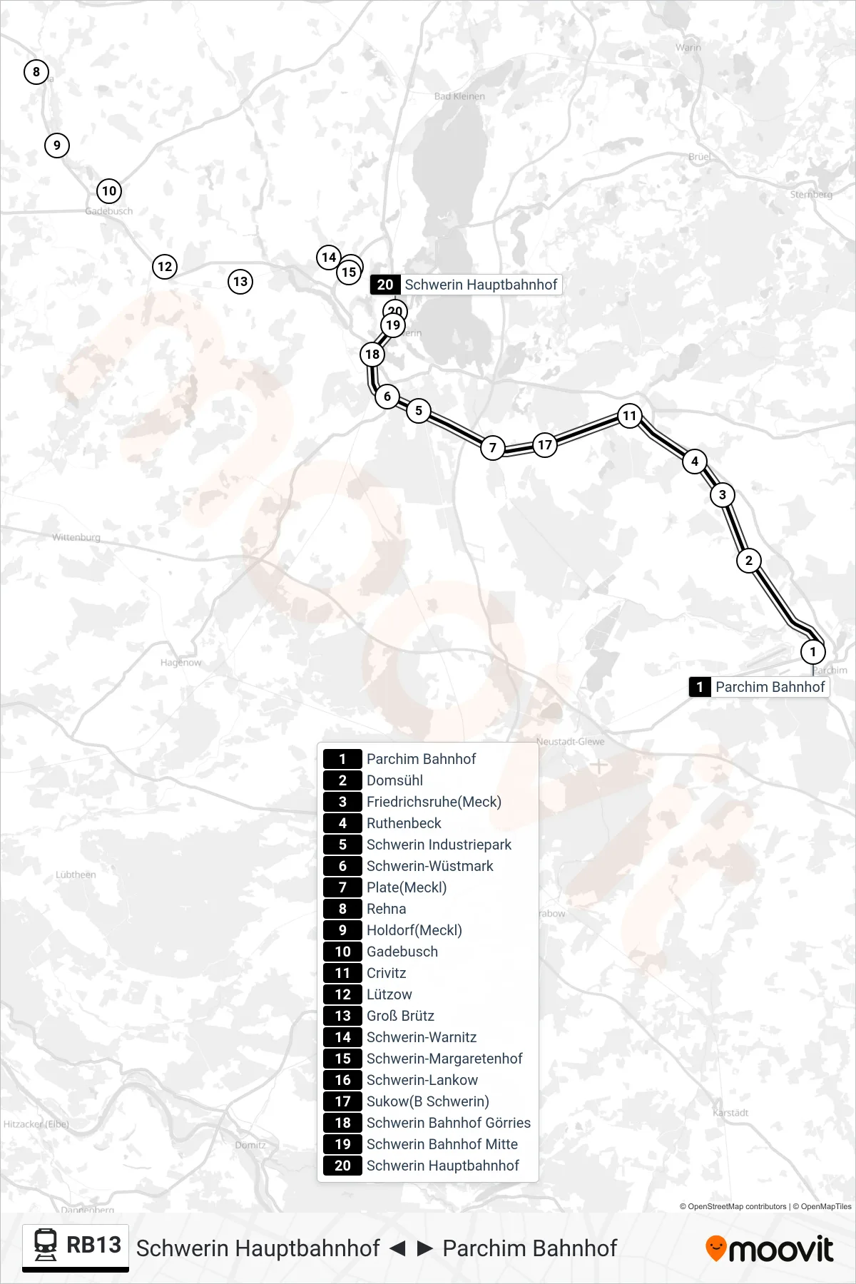 Linie RB13 (Bahn) Richtung Schwerin Hauptbahnhof: Route und Haltestellen auf der Karte