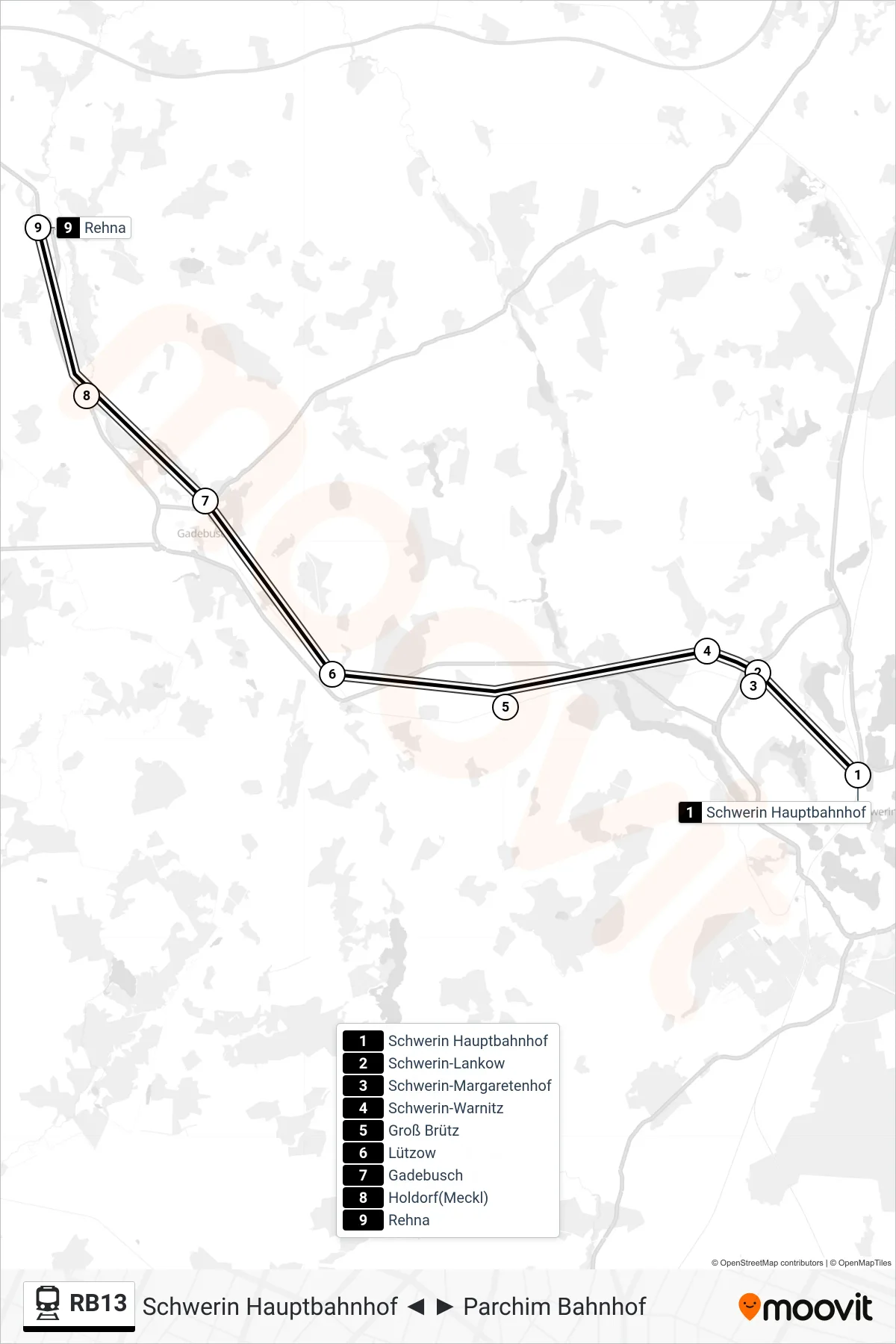Linie RB13 (Bahn) Richtung Rehna: Route und Haltestellen auf der Karte