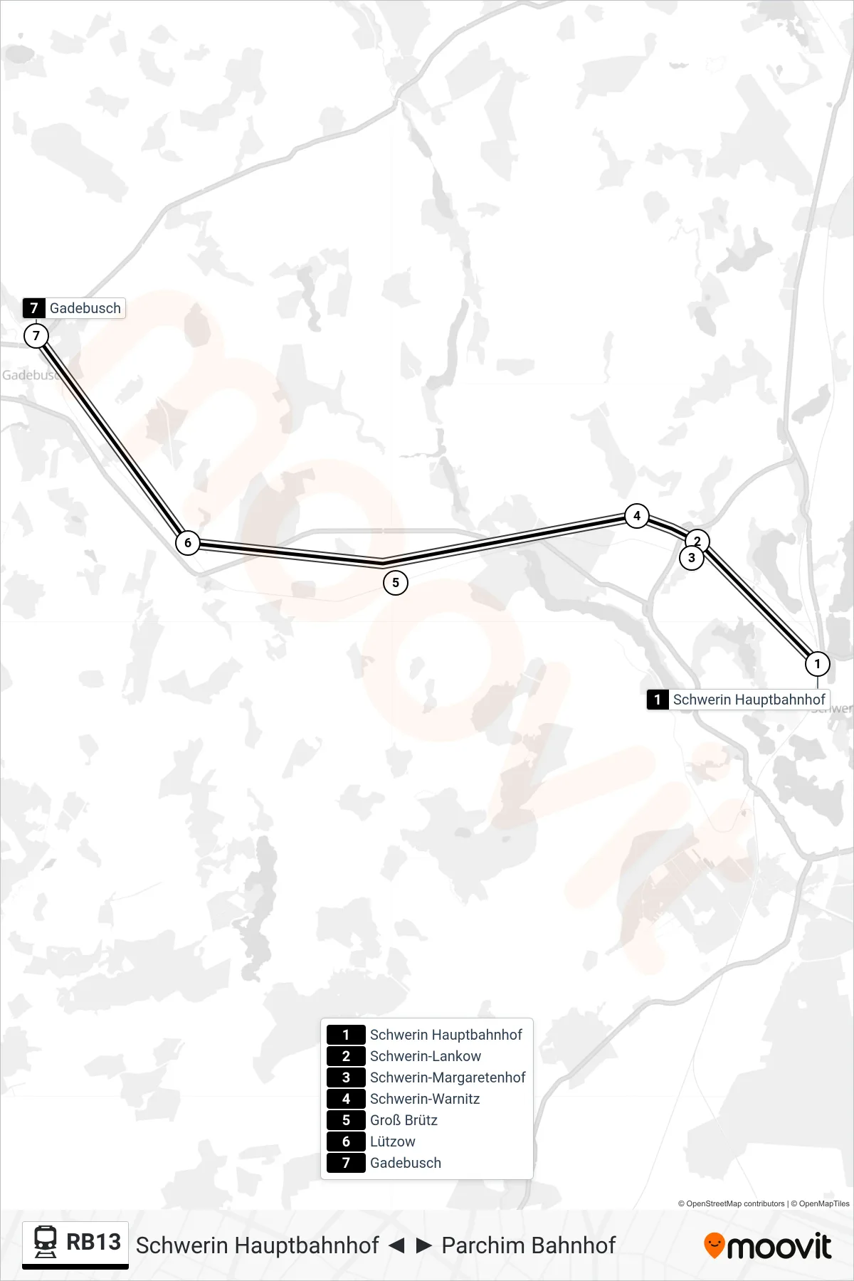 Linie RB13 (Bahn) Richtung Gadebusch: Route und Haltestellen auf der Karte