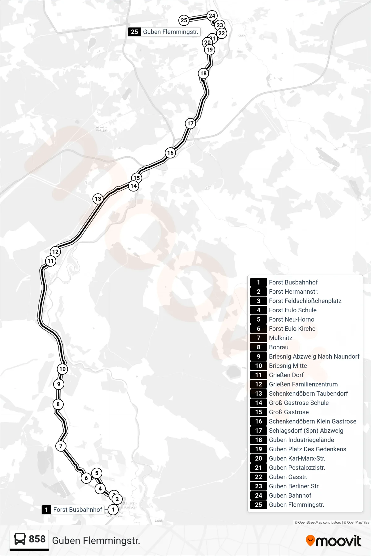 Linie 858 (Bus) Richtung Guben Flemmingstr.: Route und Haltestellen auf der Karte