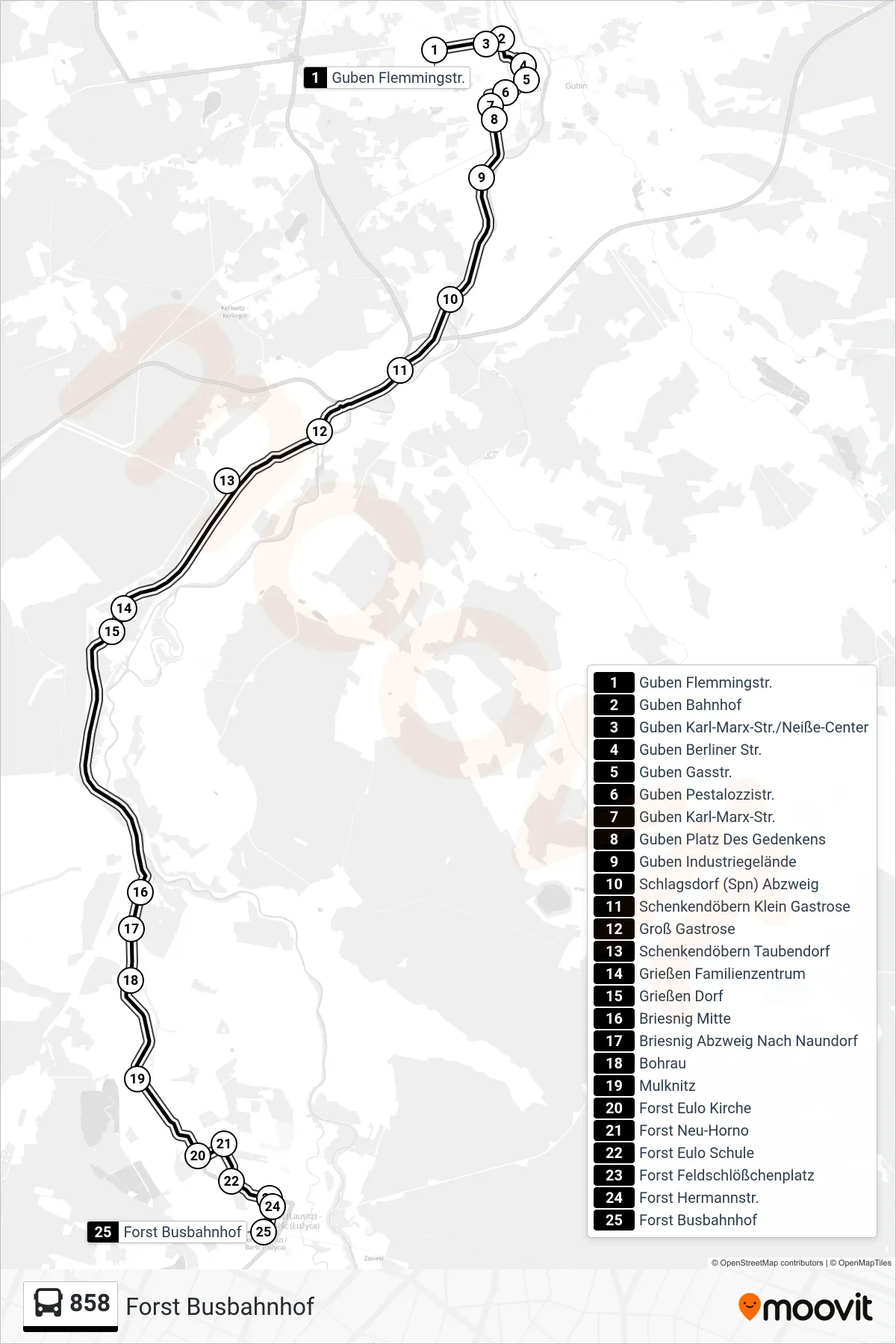 Linie 858 (Bus) Richtung Forst Busbahnhof: Route und Haltestellen auf der Karte