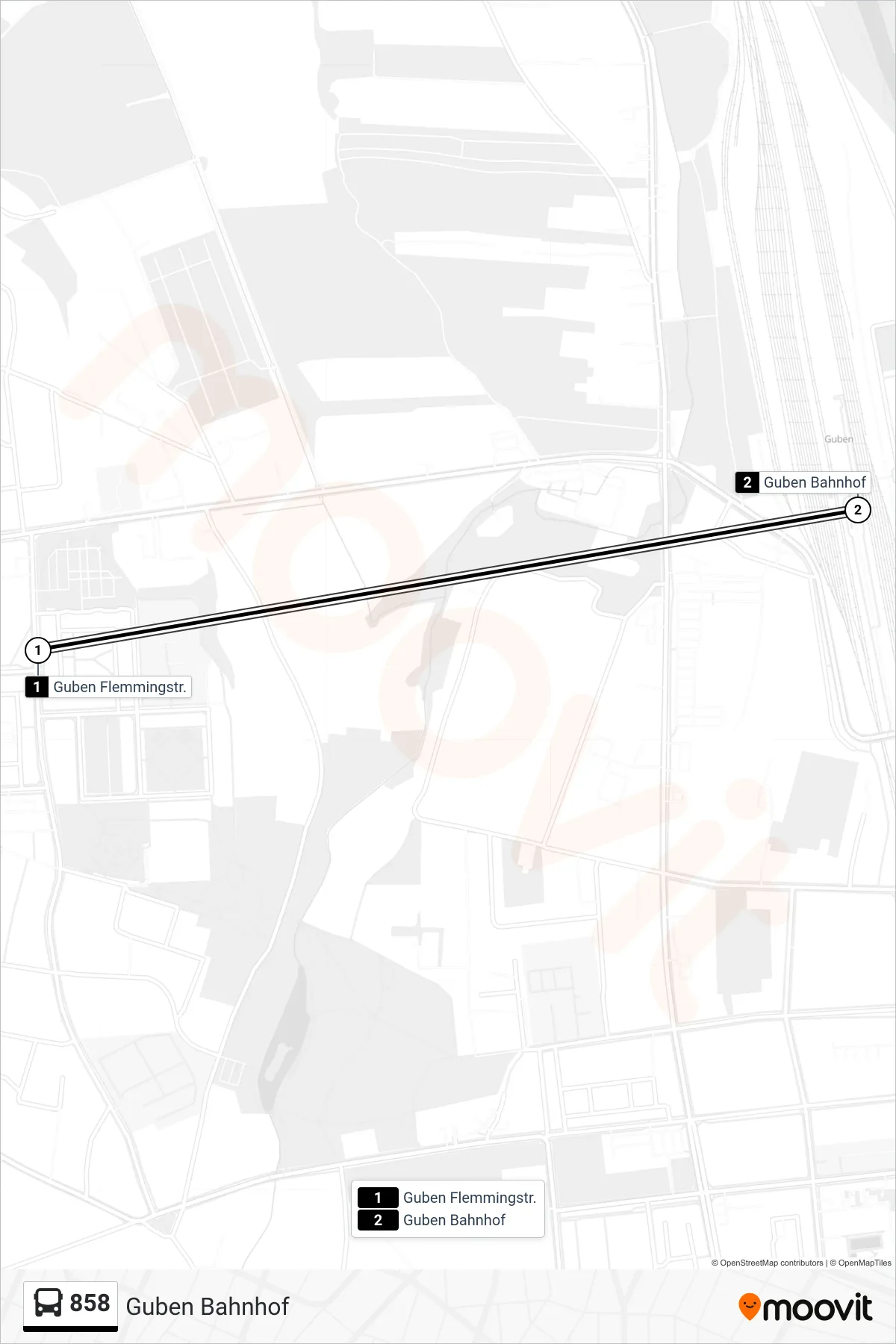 858 bus Line (Guben Bahnhof) route and stops on a map