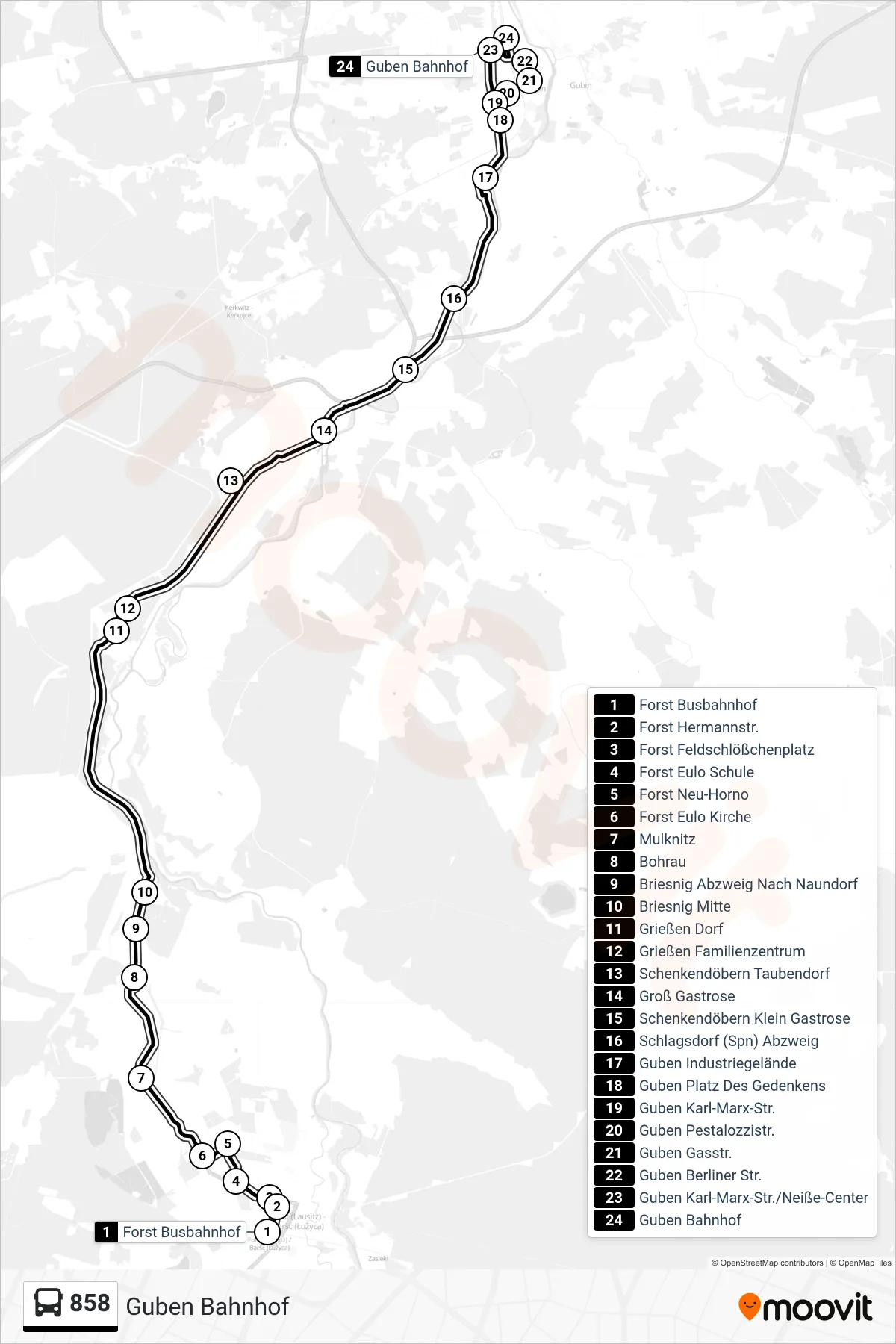 Linie 858 (Bus) Richtung Guben Bahnhof: Route und Haltestellen auf der Karte