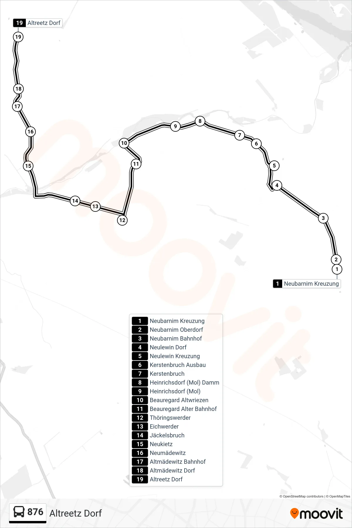 Linie 876 (Bus) Richtung Altreetz Dorf: Route und Haltestellen auf der Karte