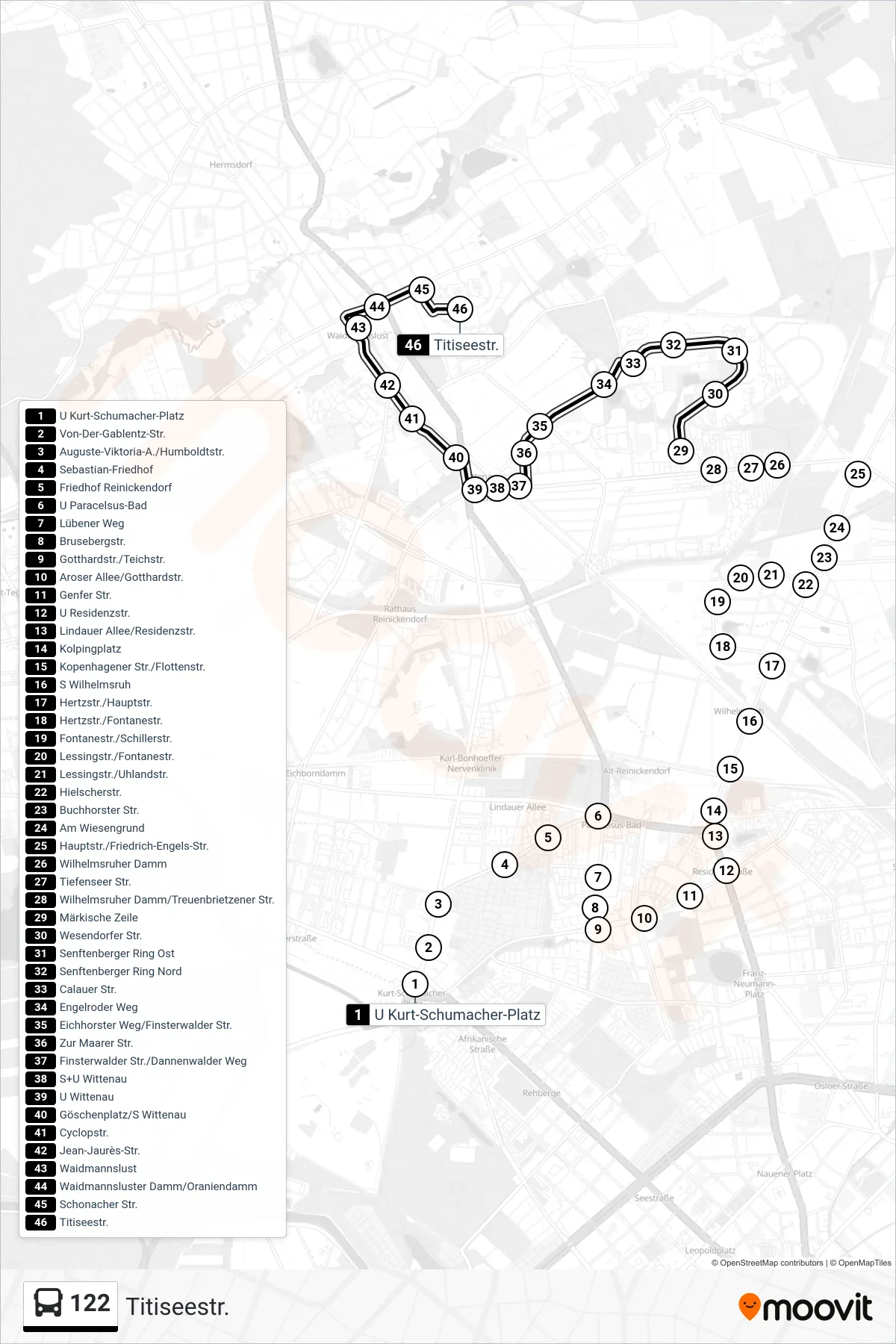 122 bus Line (Titiseestr.) route and stops on a map