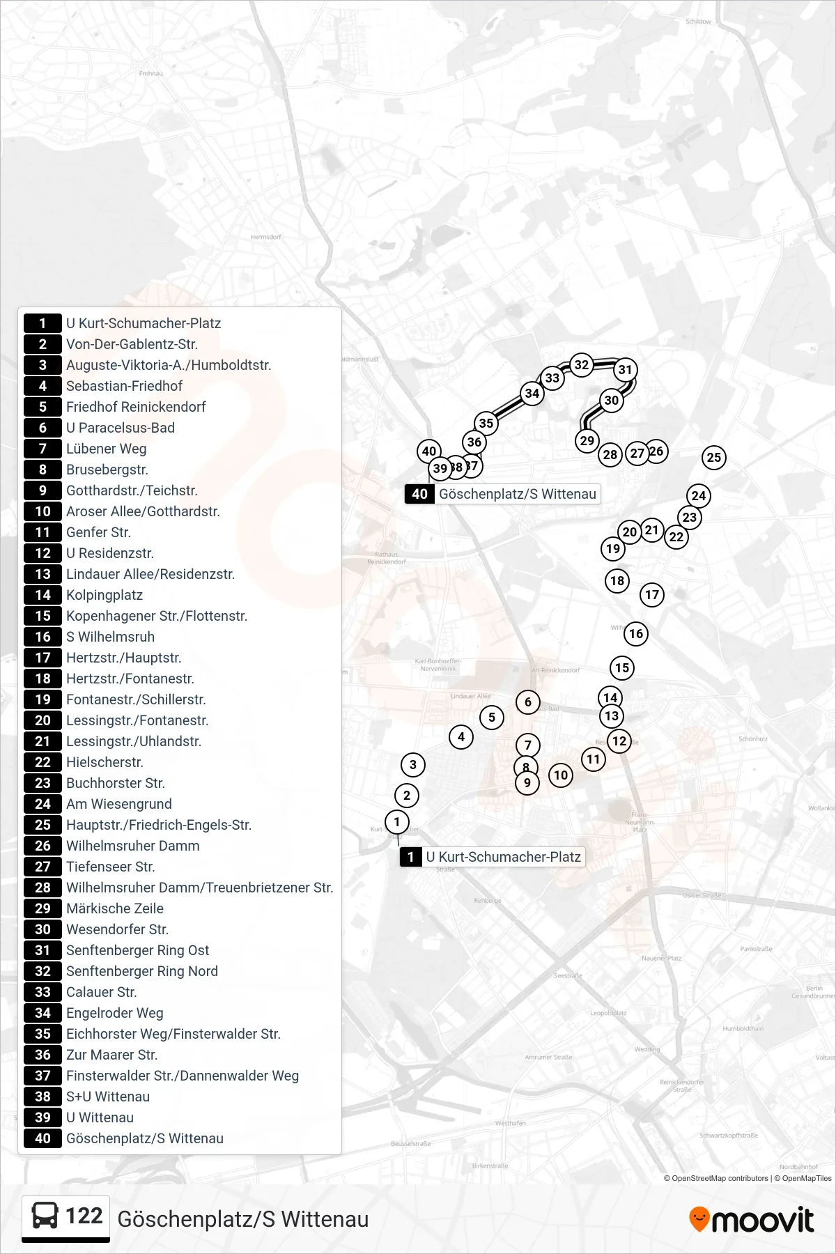 Linie 122 (Bus) Richtung Göschenplatz/S Wittenau: Route und Haltestellen auf der Karte