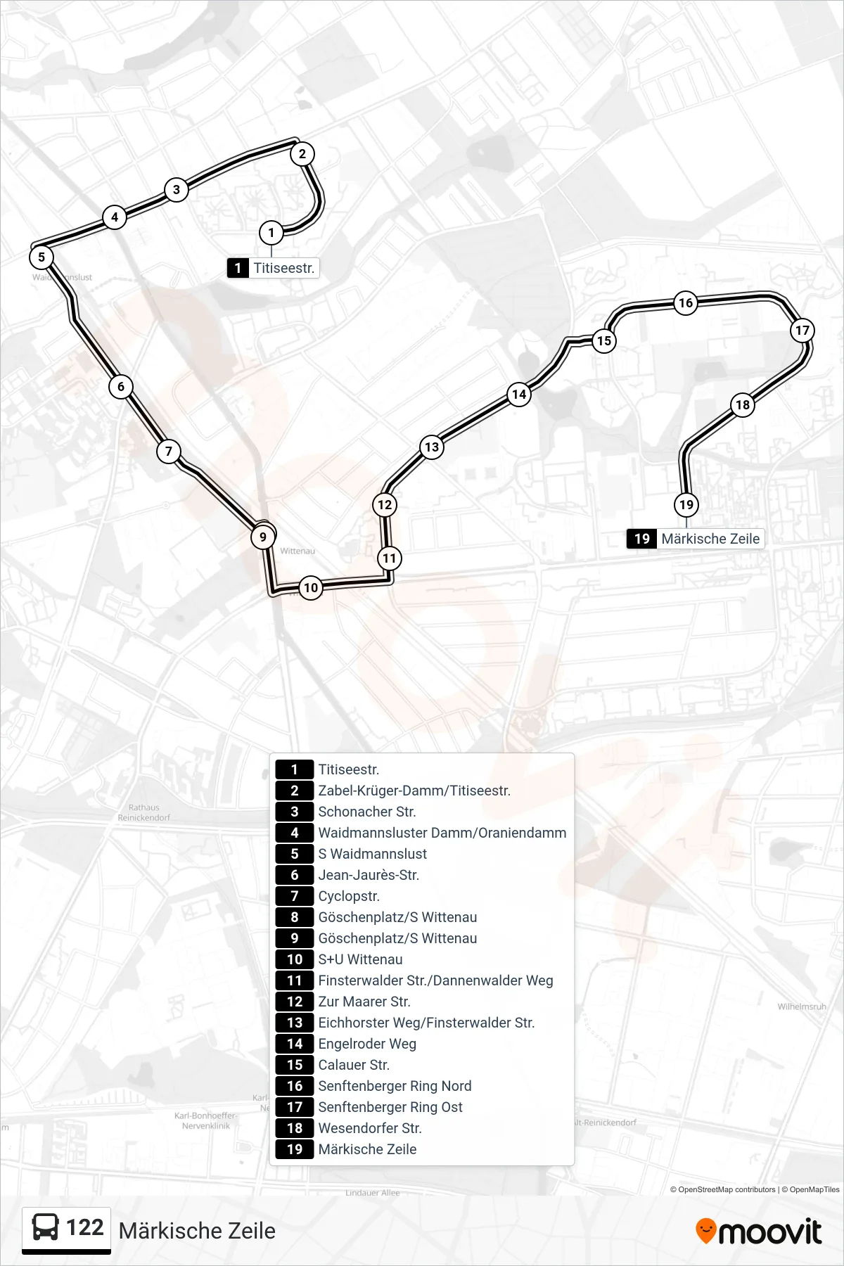 122 bus Line (Märkische Zeile) route and stops on a map