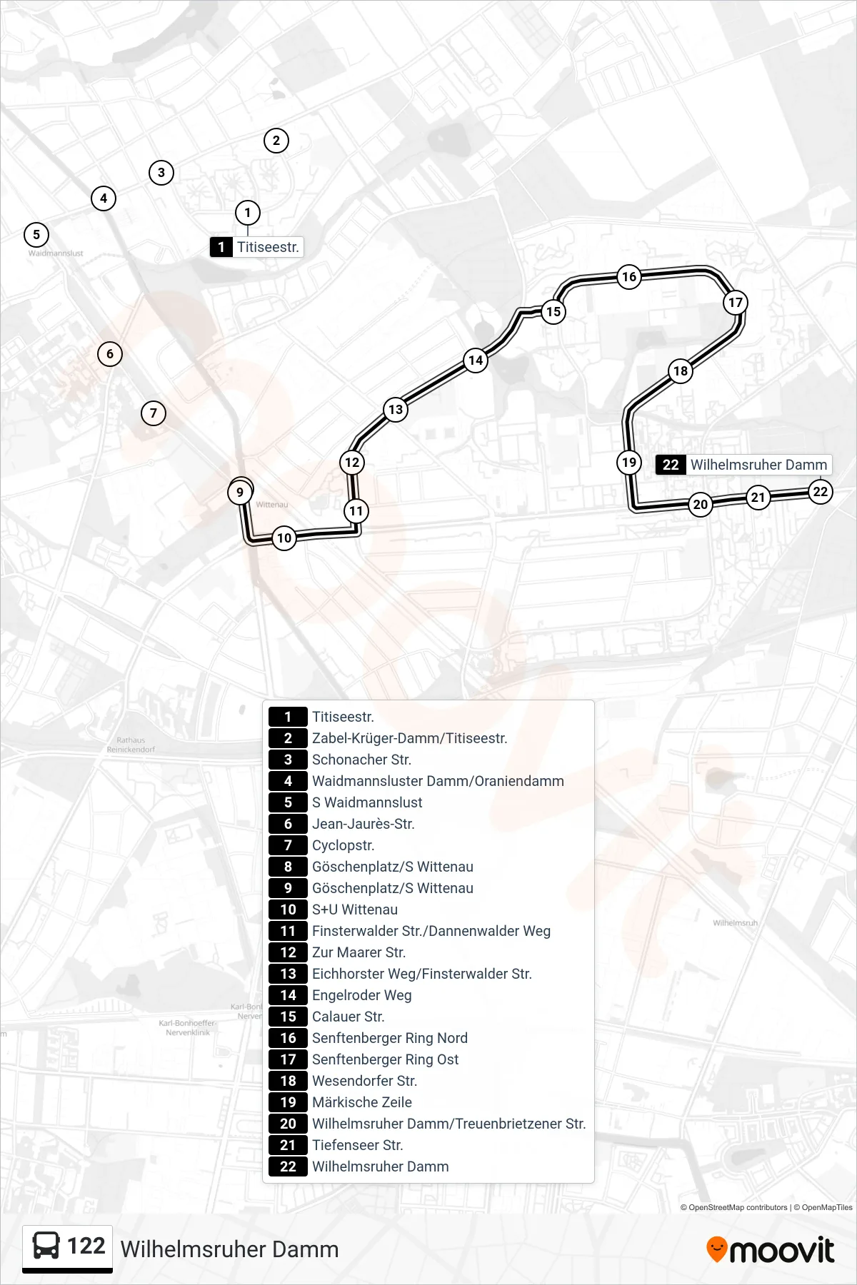 Linie 122 (Bus) Richtung Wilhelmsruher Damm: Route und Haltestellen auf der Karte