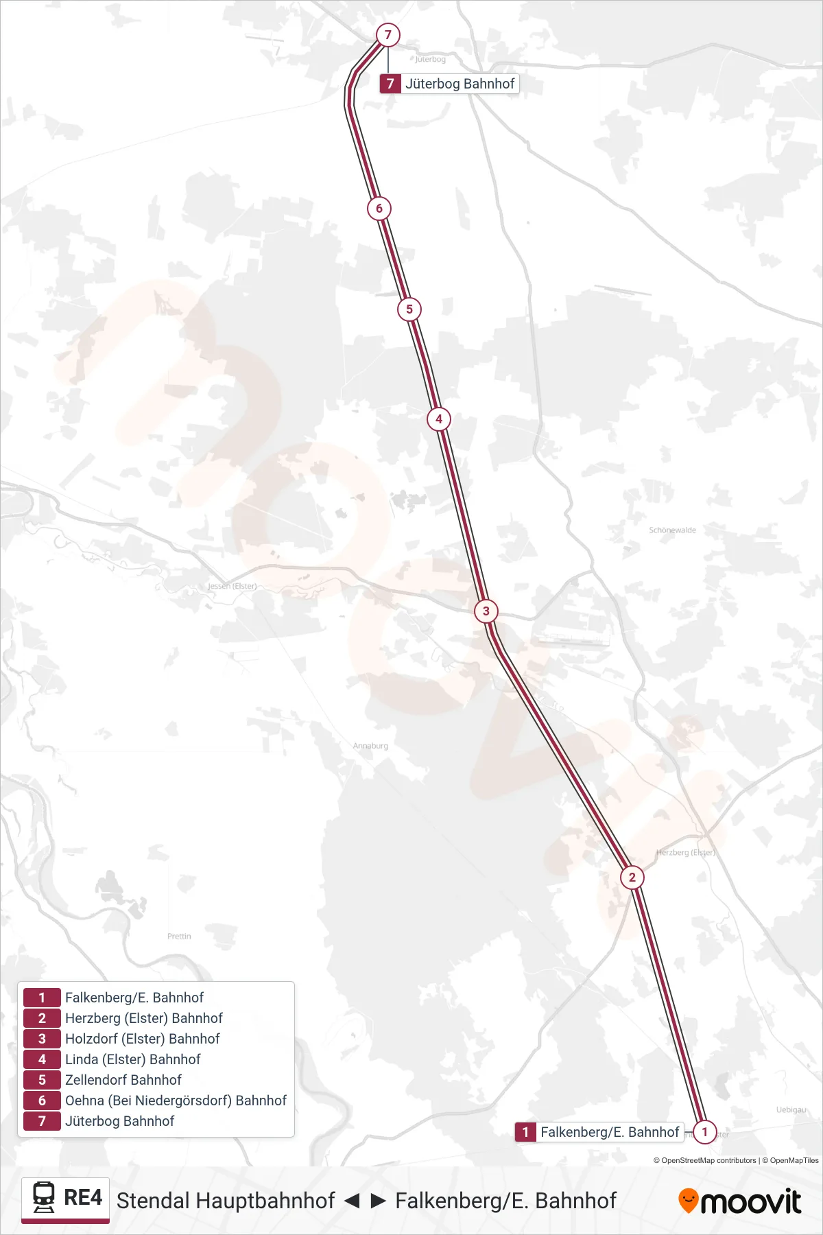 Linie RE4 (Bahn) Richtung Jüterbog Bahnhof: Route und Haltestellen auf der Karte