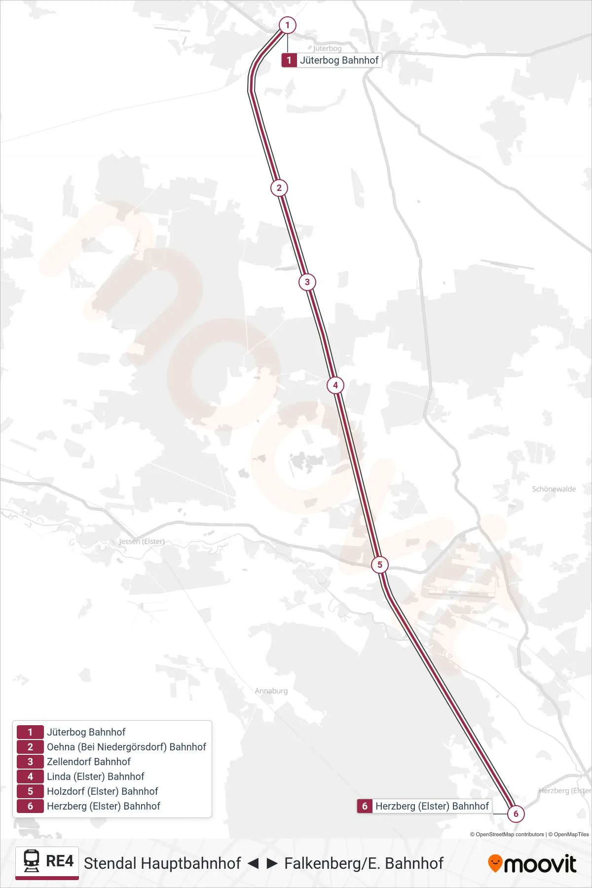 Linie RE4 (Bahn) Richtung Herzberg (Elster) Bahnhof: Route und Haltestellen auf der Karte