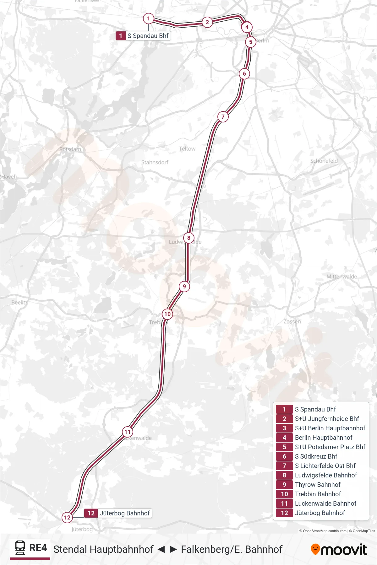 Linie RE4 (Bahn) Richtung Jüterbog Bahnhof: Route und Haltestellen auf der Karte