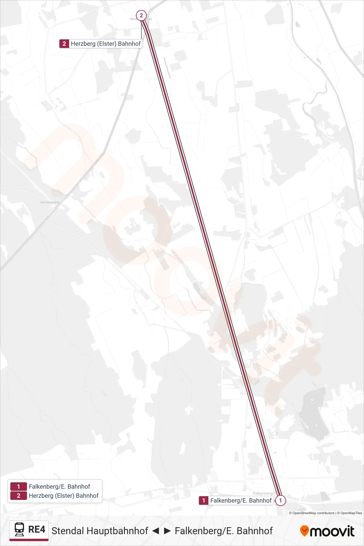 Linie RE4 (Bahn) Richtung Herzberg (Elster) Bahnhof: Route und Haltestellen auf der Karte