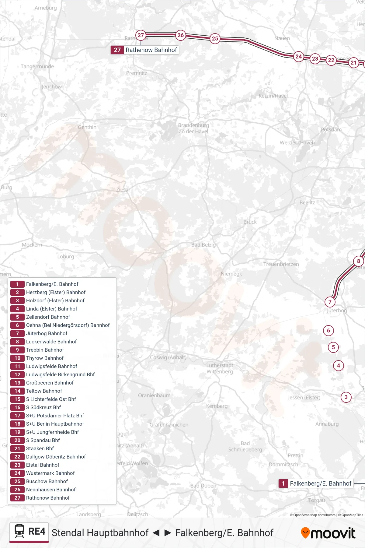 Linie RE4 (Bahn) Richtung Rathenow Bahnhof: Route und Haltestellen auf der Karte