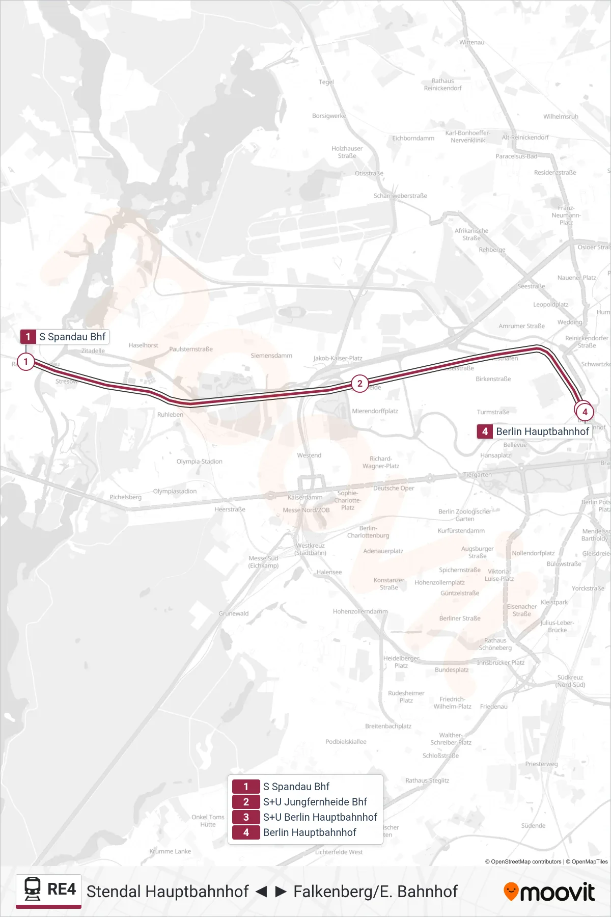 Linie RE4 (Bahn) Richtung S+U Berlin Hauptbahnhof: Route und Haltestellen auf der Karte