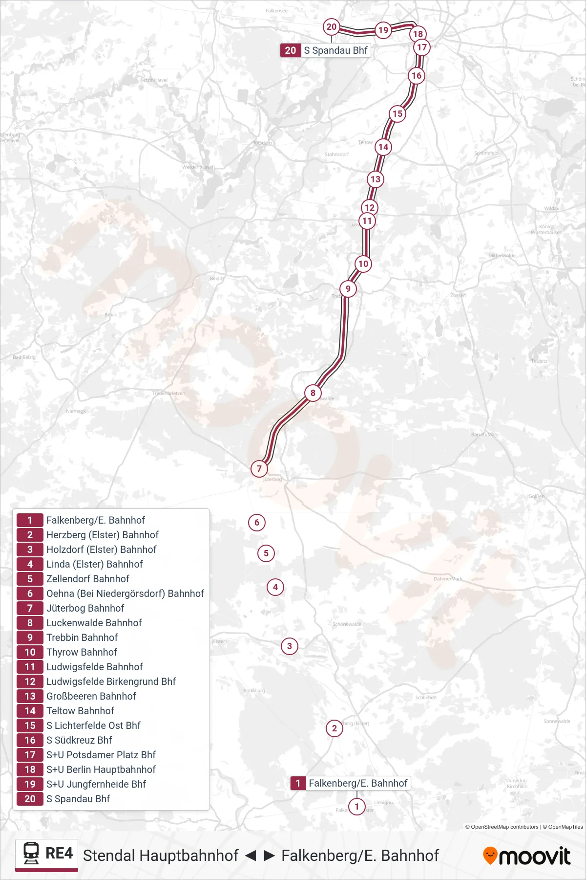 Linie RE4 (Bahn) Richtung S Spandau Bhf: Route und Haltestellen auf der Karte