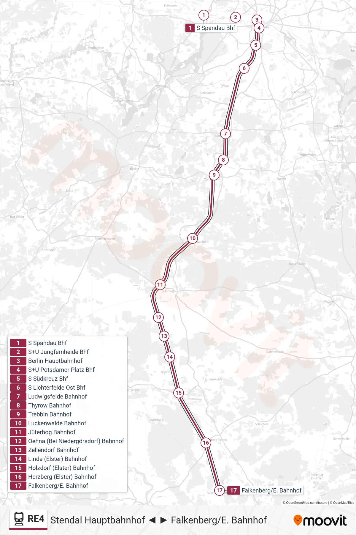 RE4 rail Line (Falkenberg/E. Bahnhof) route and stops on a map