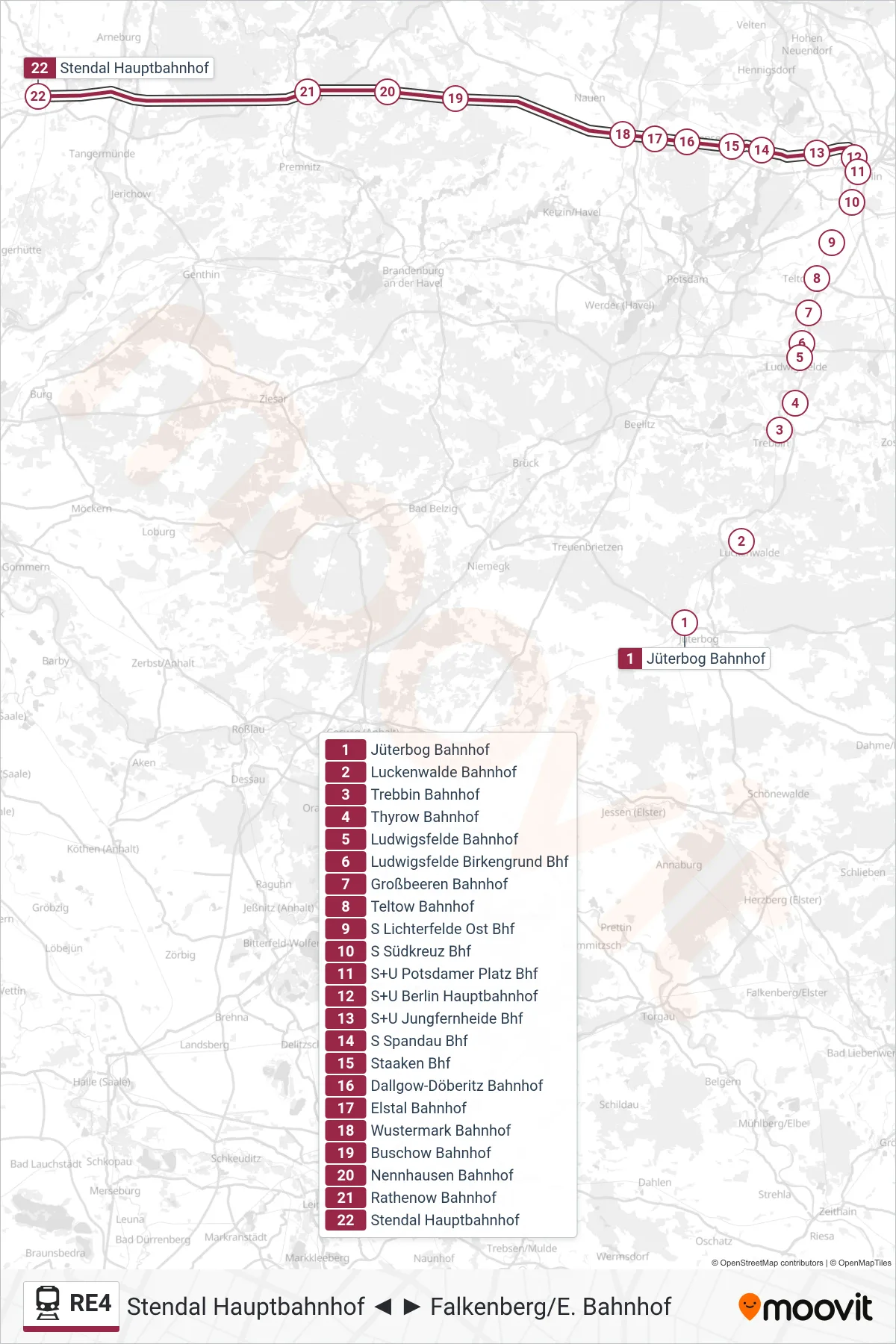 RE4 train Line (Stendal Hauptbahnhof) route and stops on a map