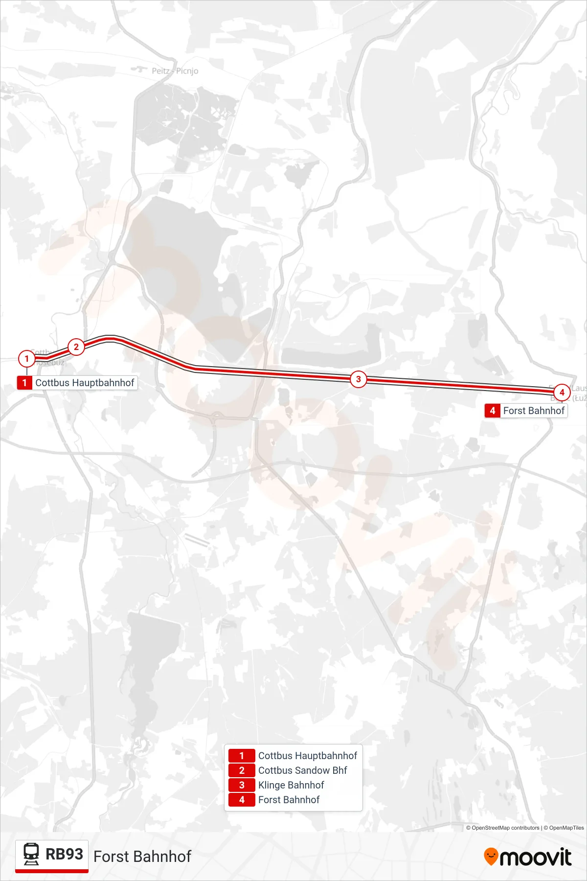 Linie RB93 (Bahn) Richtung Forst Bahnhof: Route und Haltestellen auf der Karte