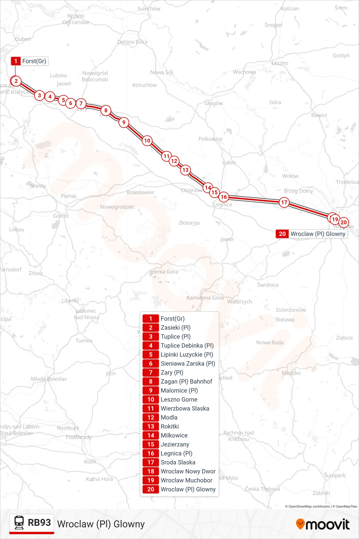 Linie RB93 (Bahn) Richtung Wroclaw (Pl) Glowny: Route und Haltestellen auf der Karte